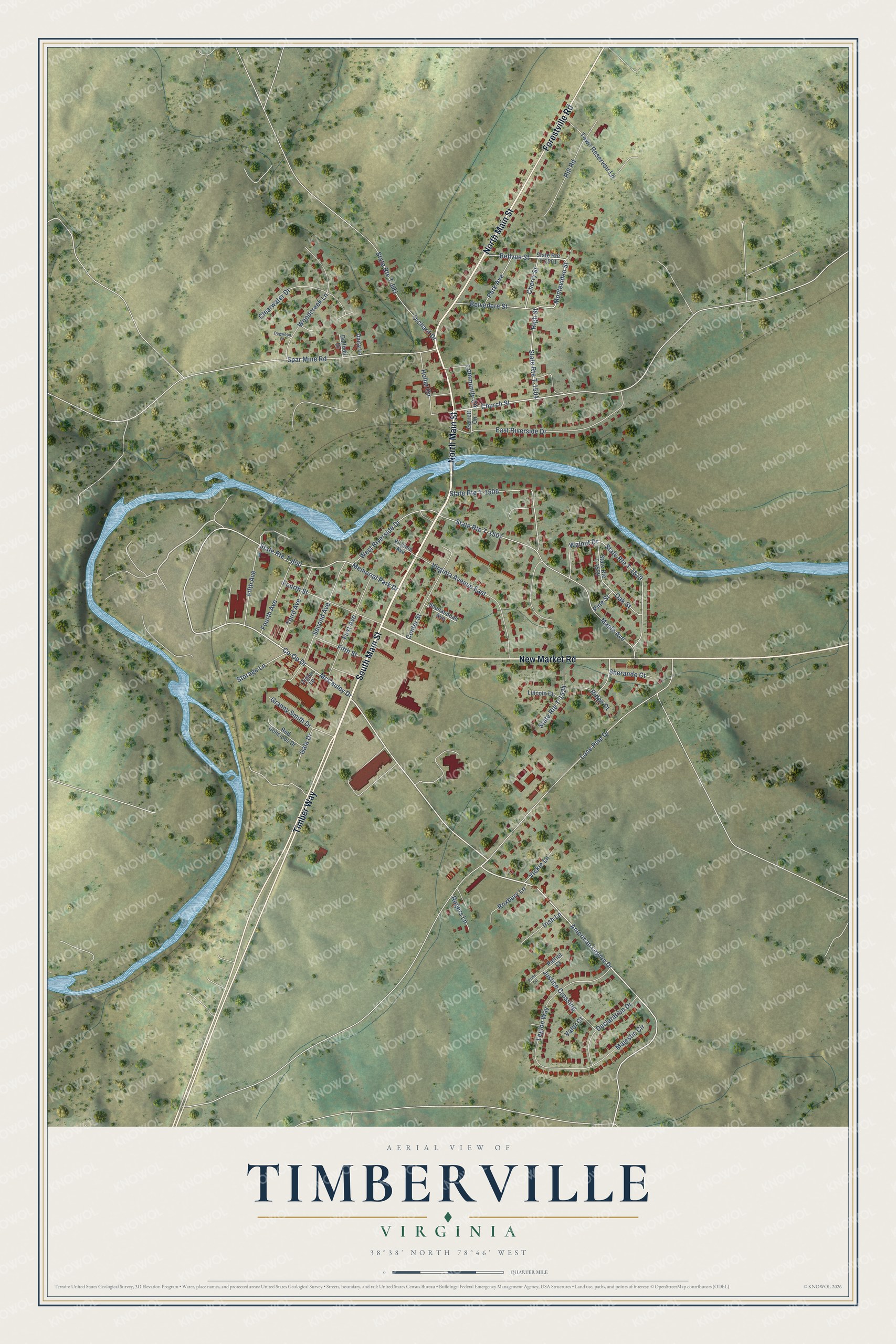 Full map of Timberville, Virginia, with red buildings, printed street names and the land around them