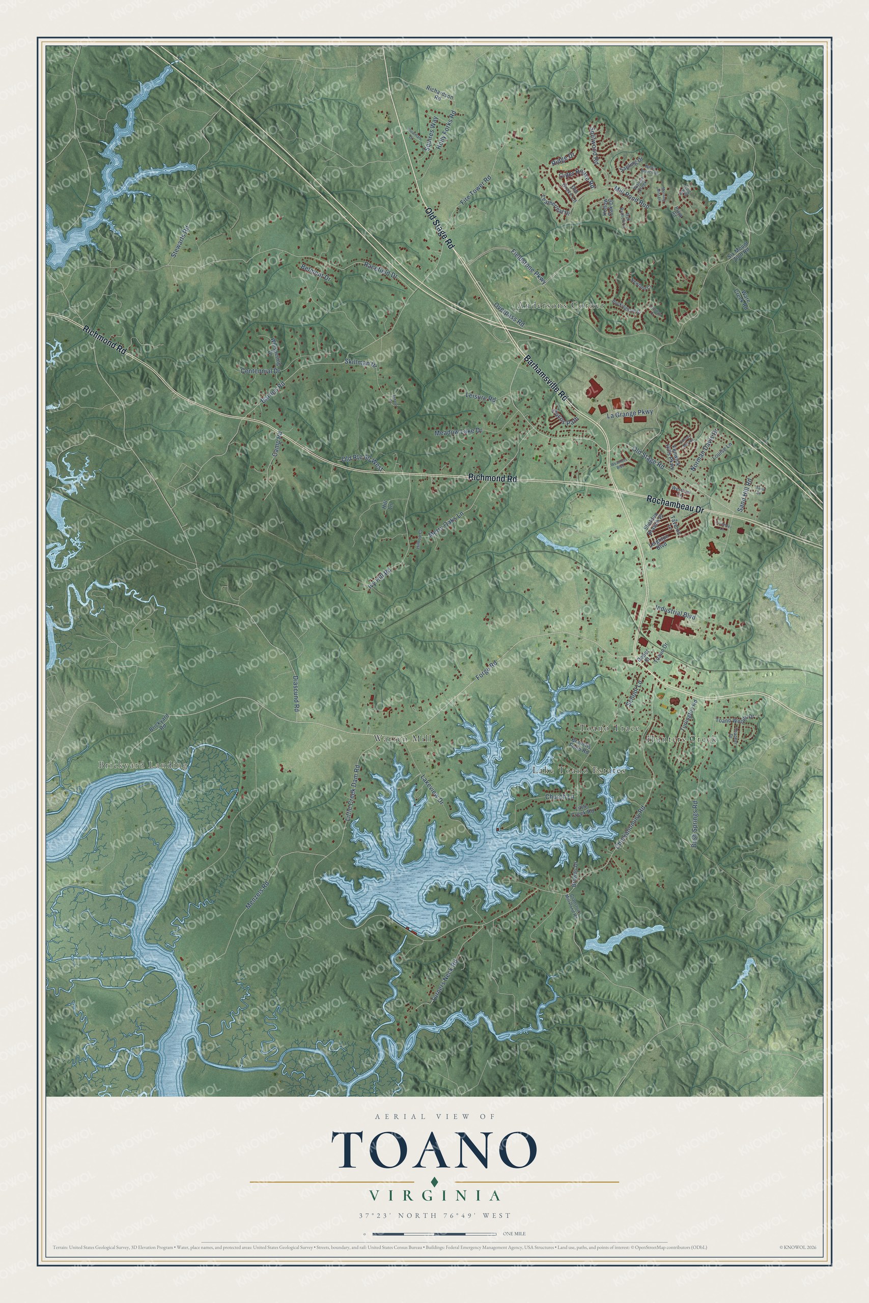 Full map of Toano, Virginia, with red buildings, printed street names and the land around them