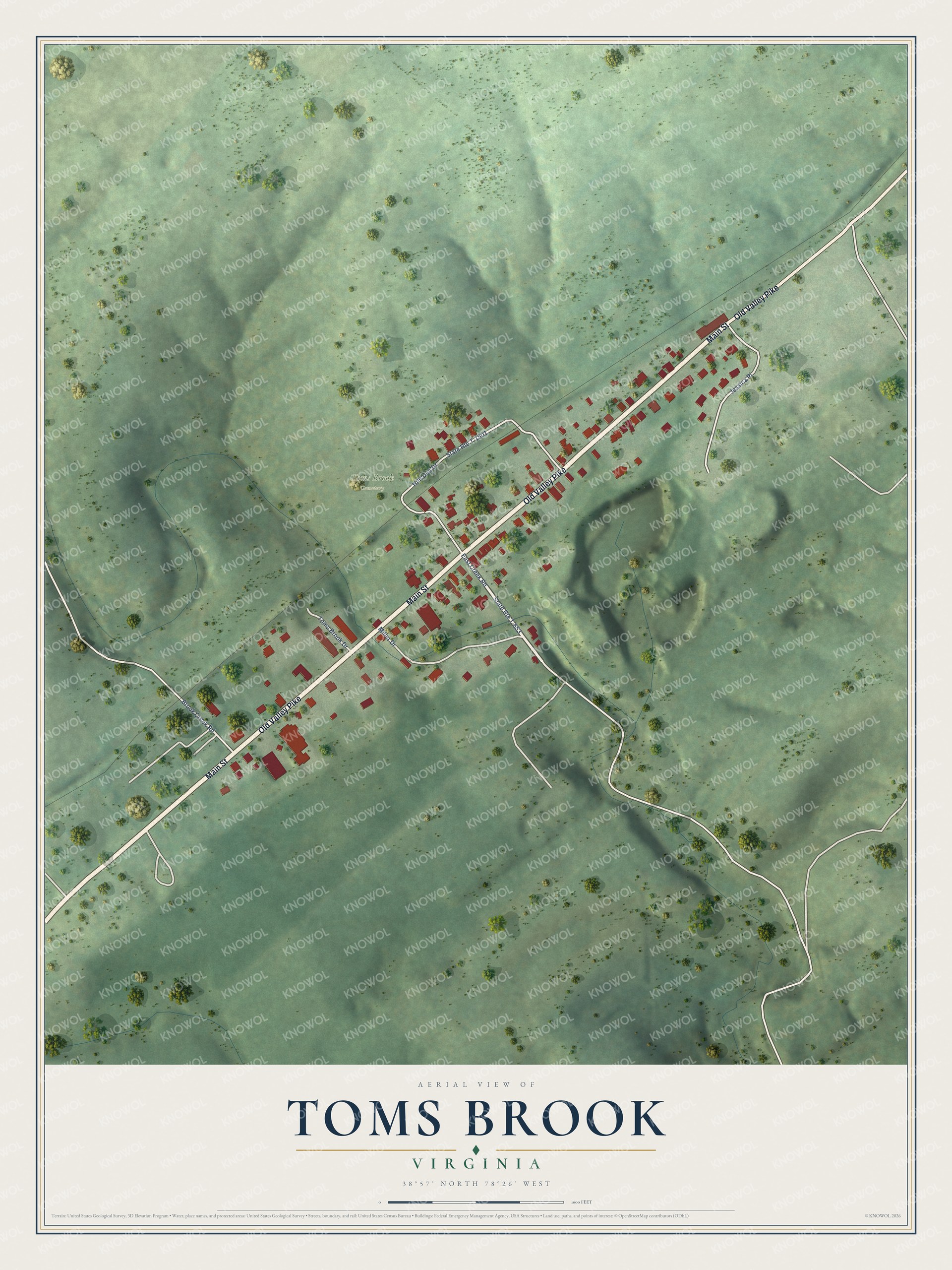Full map of Toms Brook, Virginia, with red buildings, printed street names and the land around them