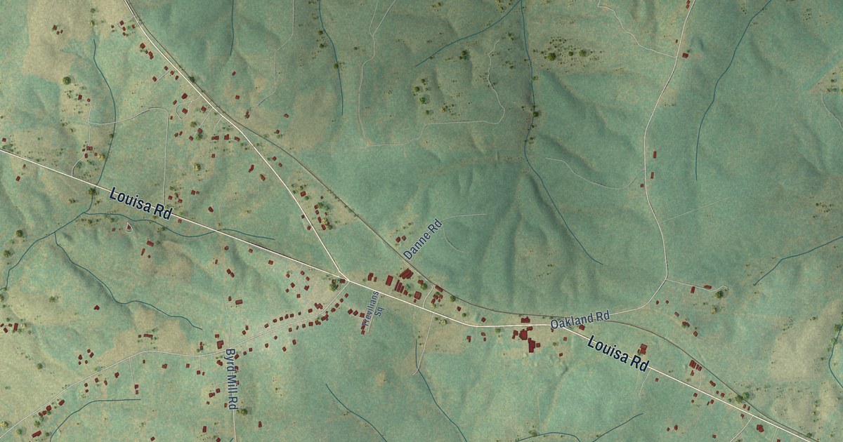 Close-up of streets and buildings in Trevilians, Virginia