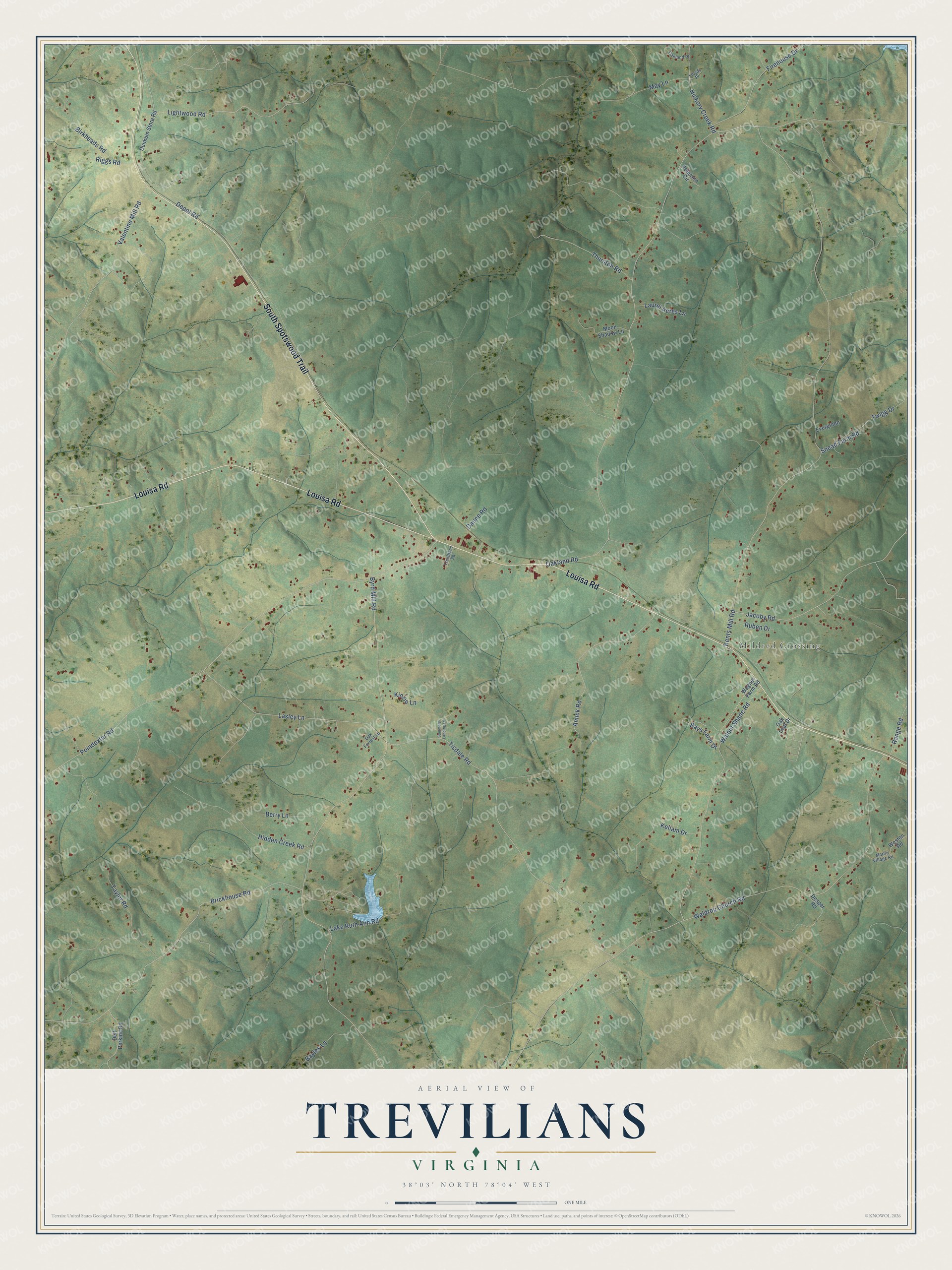 Full map of Trevilians, Virginia, with red buildings, printed street names and the land around them