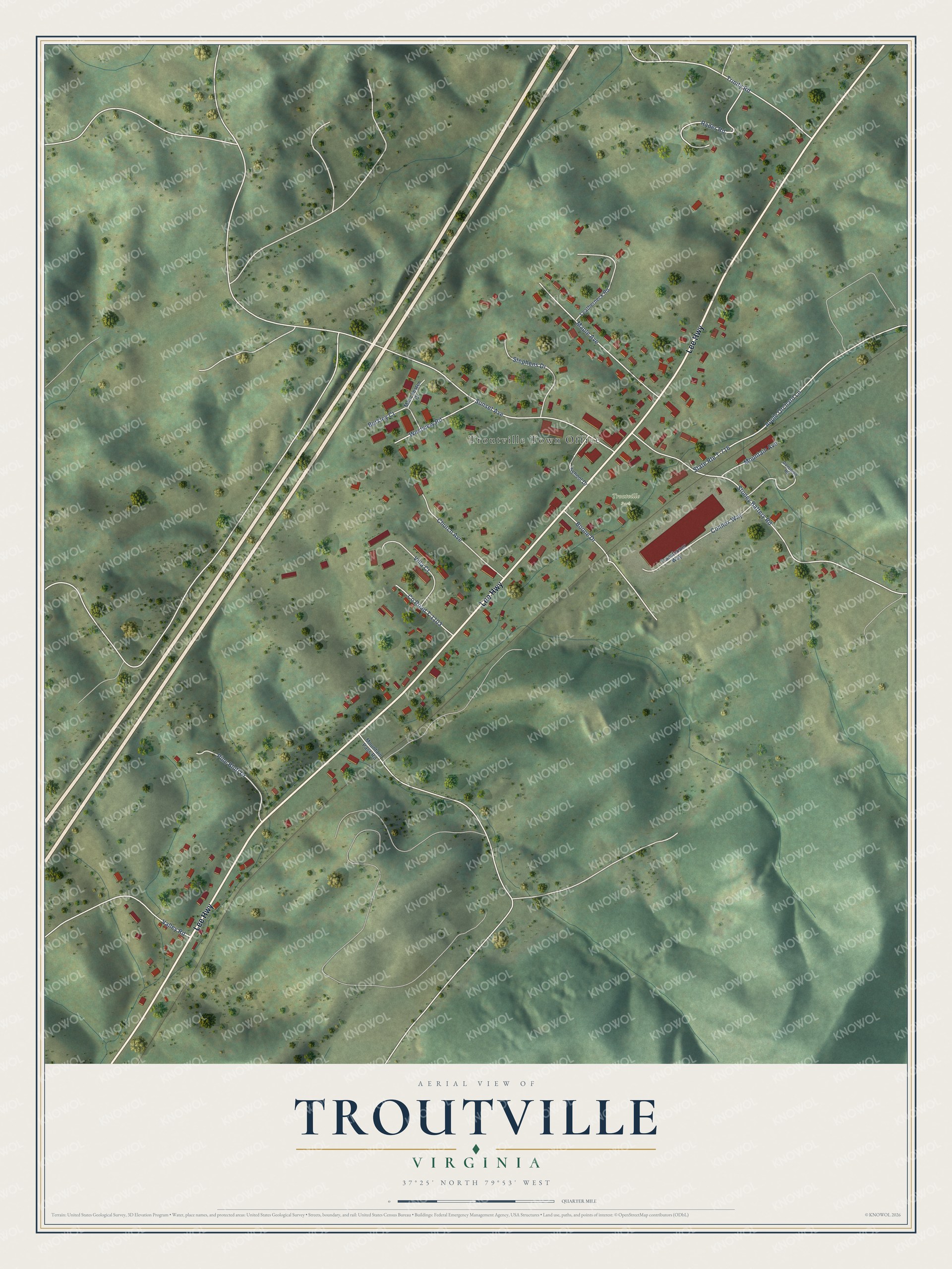 Full map of Troutville, Virginia, with red buildings, printed street names and the land around them