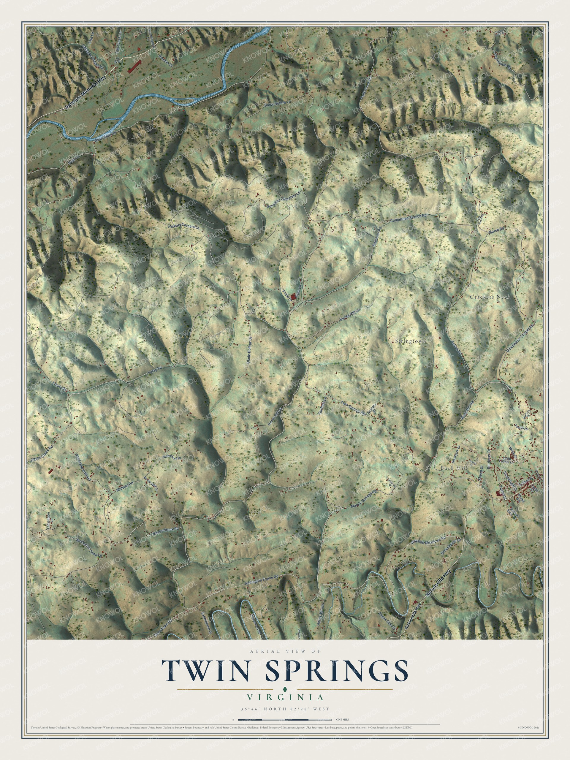 Full map of Twin Springs, Virginia, with red buildings, printed street names and the land around them
