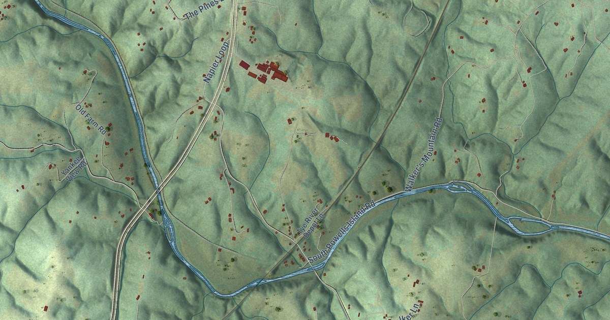 Close-up of streets and buildings in Tye River, Virginia