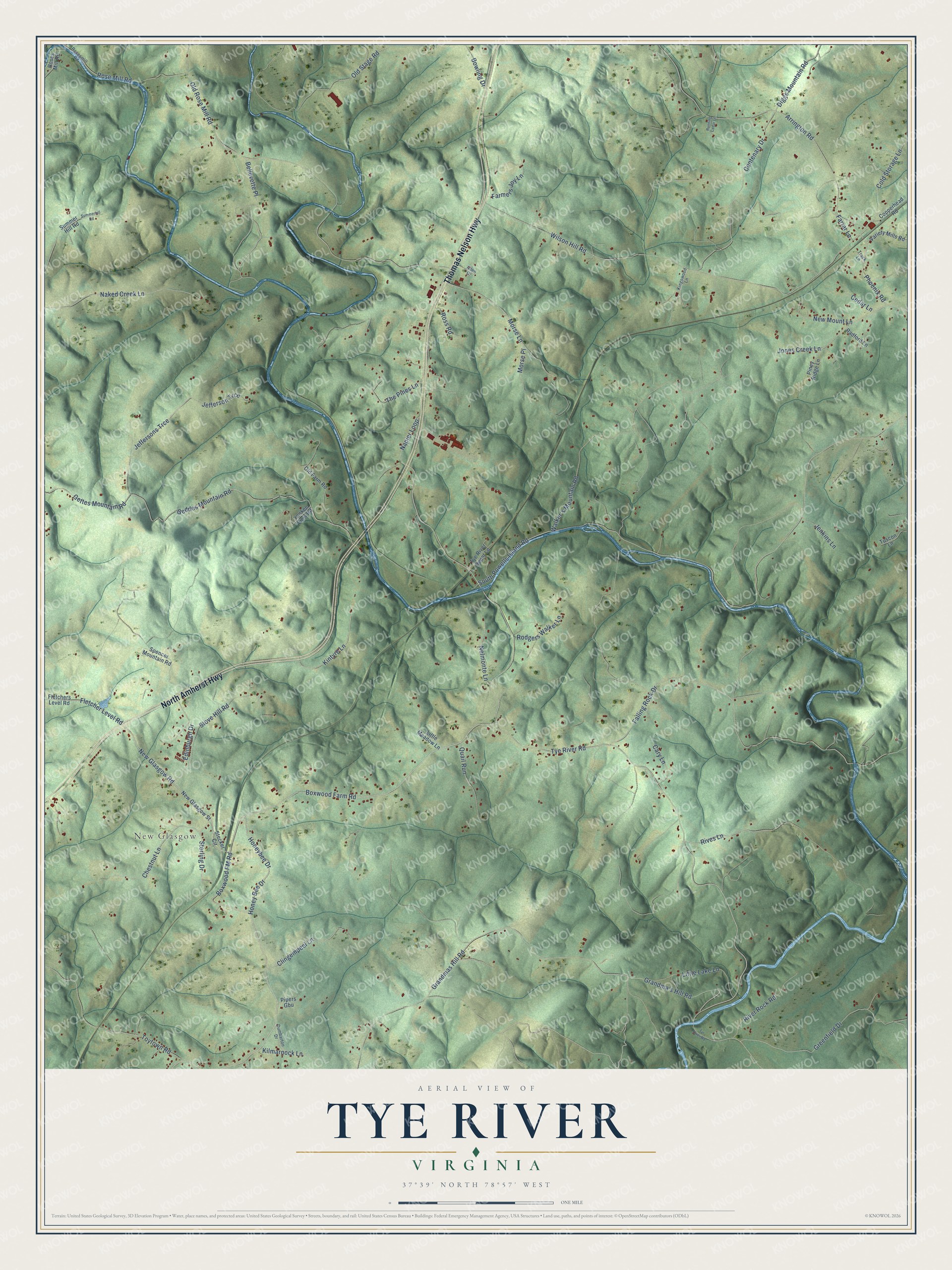 Full map of Tye River, Virginia, with red buildings, printed street names and the land around them