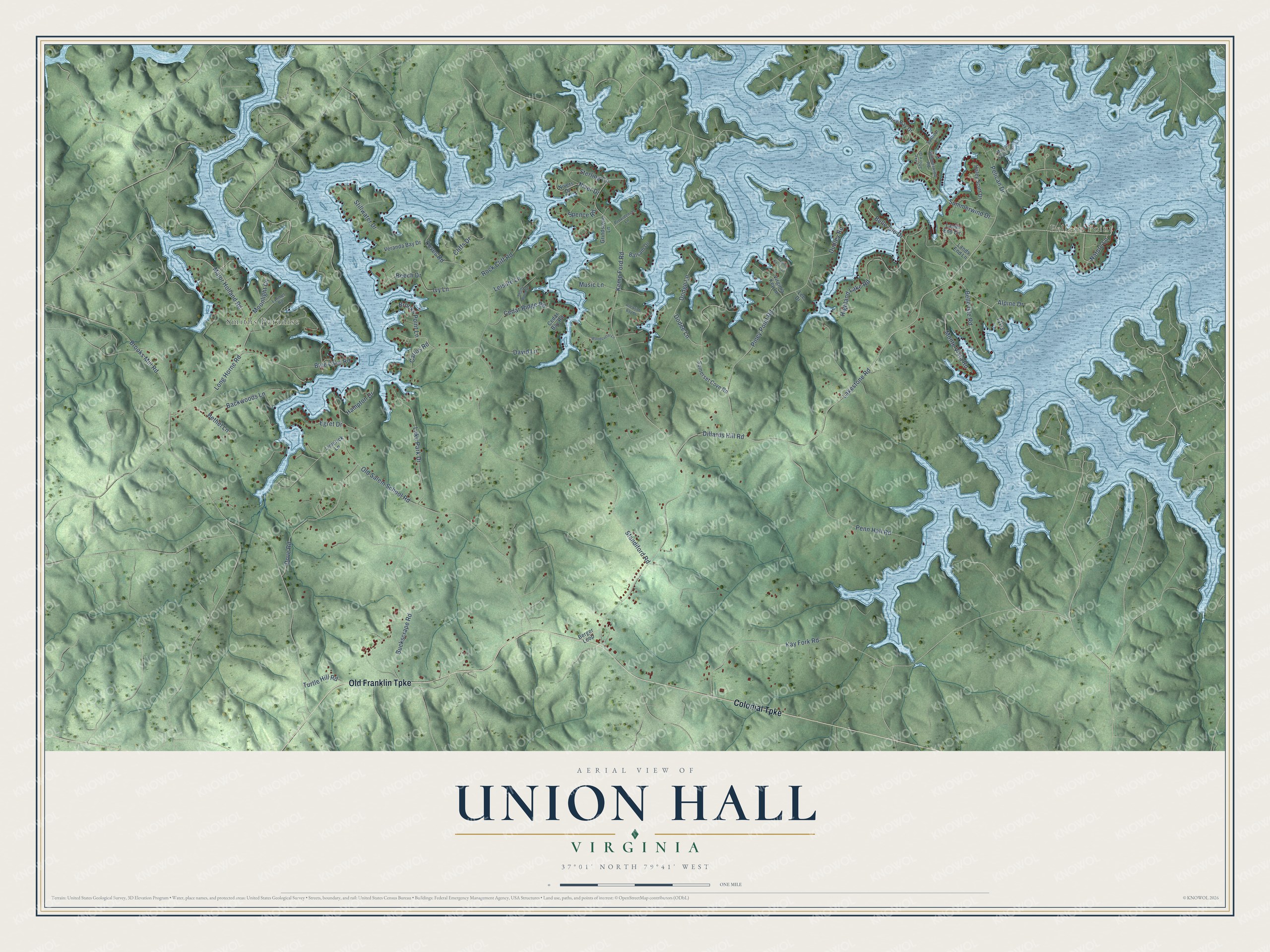 Full map of Union Hall, Virginia, with red buildings, printed street names and the land around them