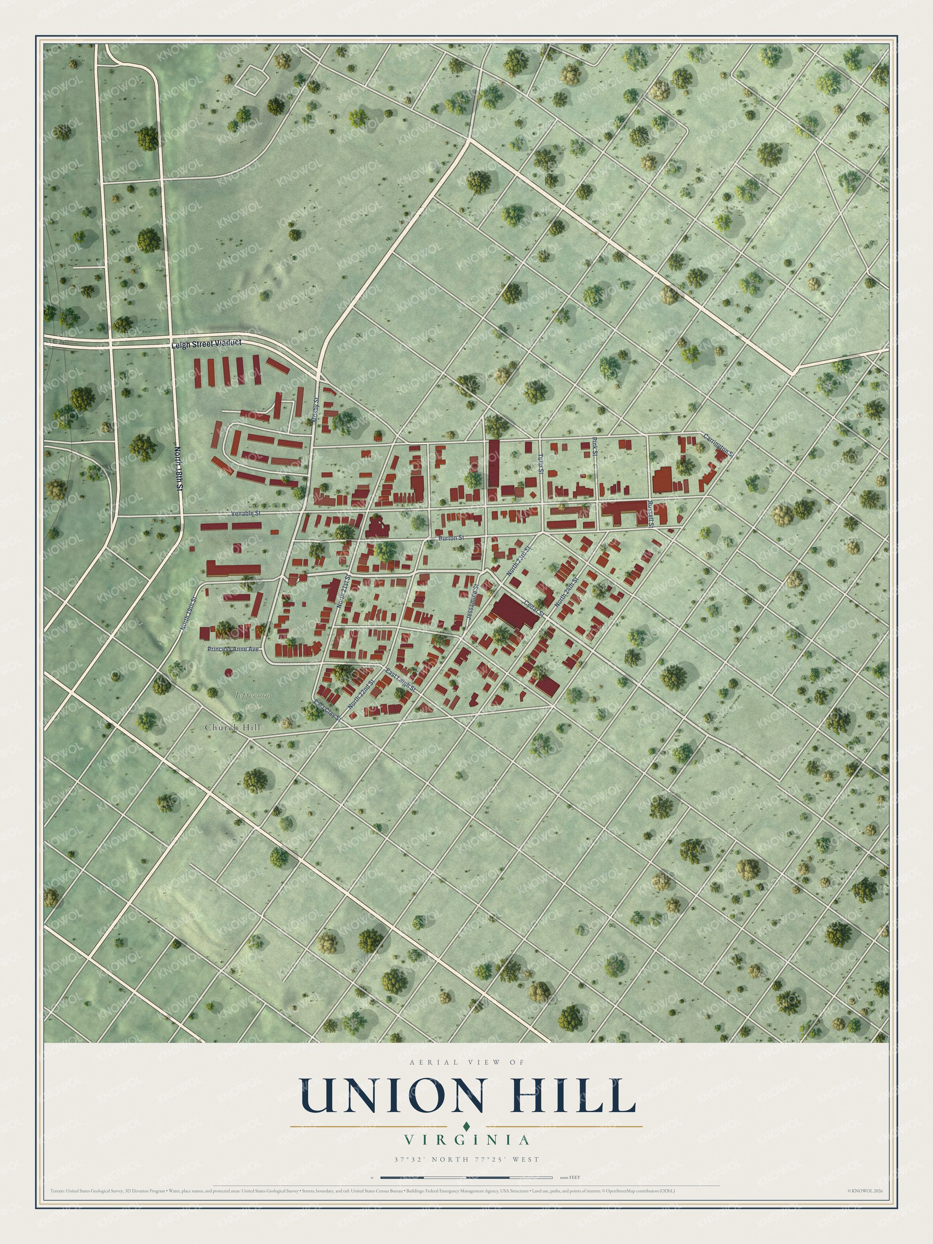 Full map of Union Hill, Virginia, with red buildings, printed street names and the land around them