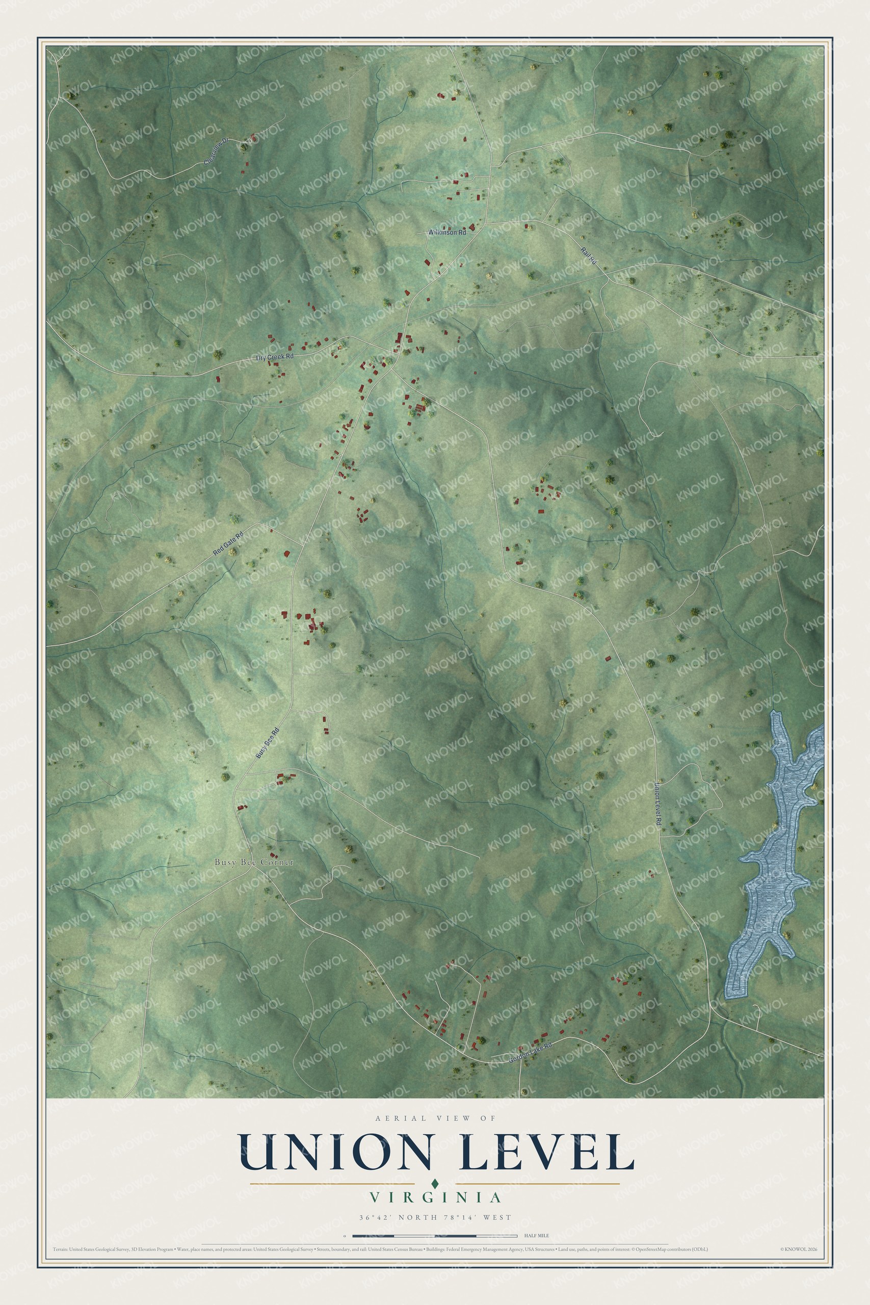 Full map of Union Level, Virginia, with red buildings, printed street names and the land around them