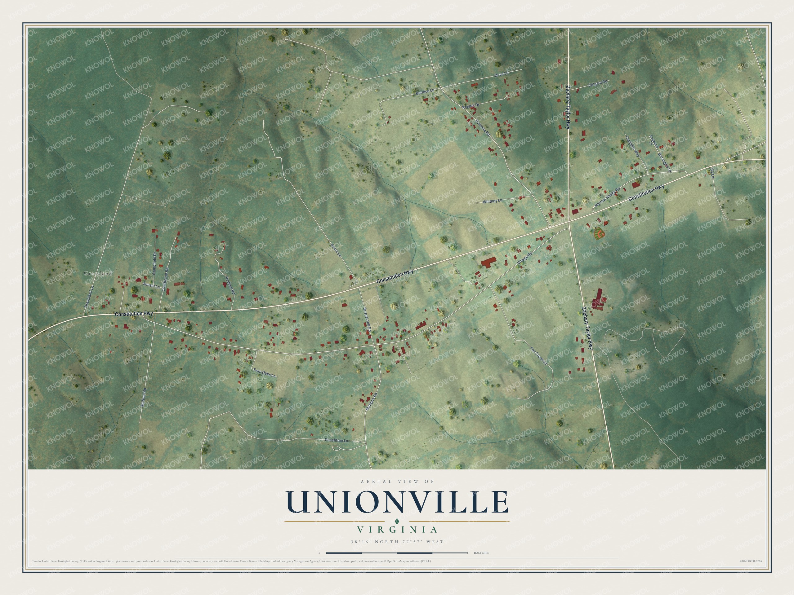 Full map of Unionville, Virginia, with red buildings, printed street names and the land around them