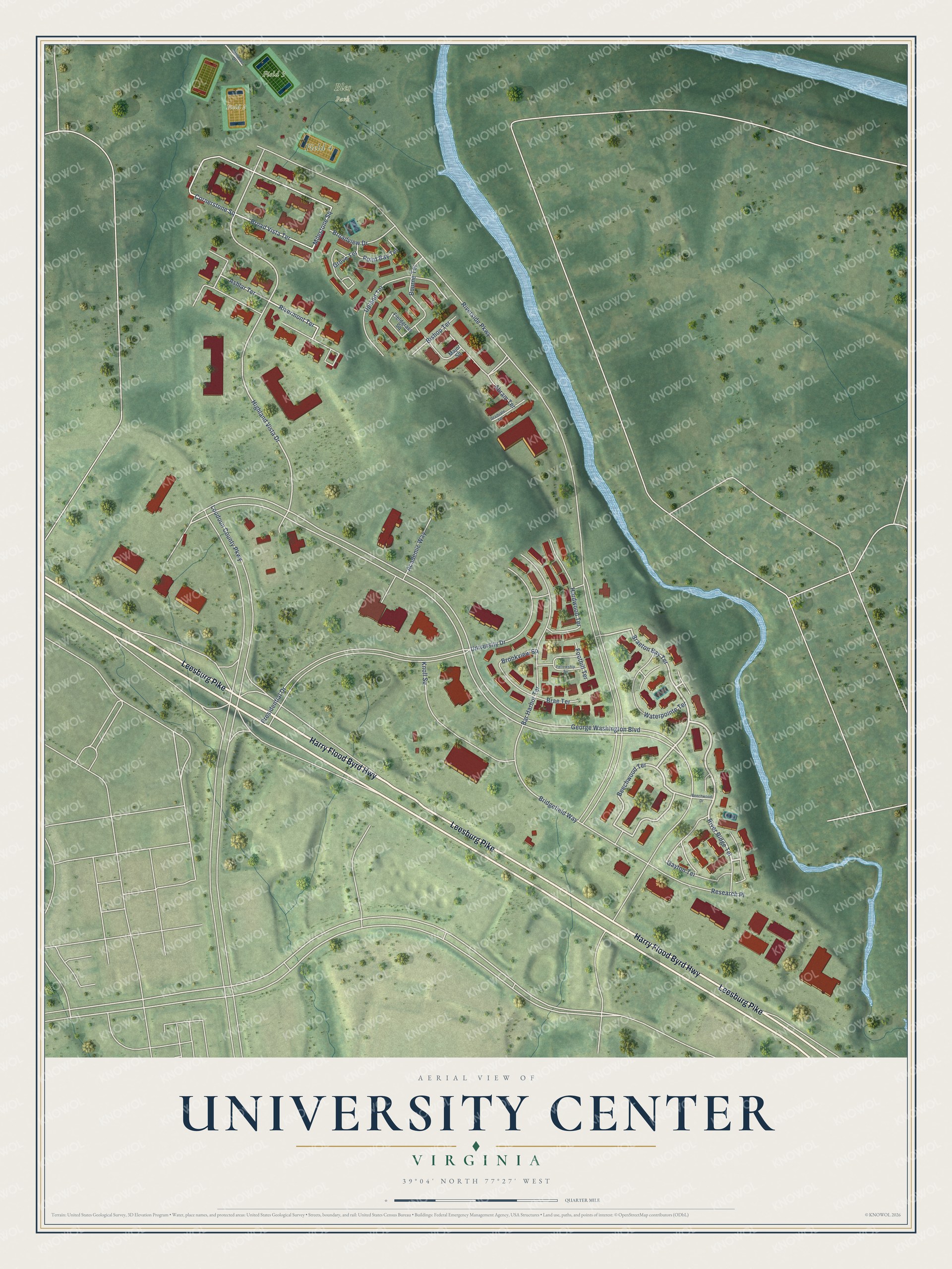 Full map of University Center, Virginia, with red buildings, printed street names and the land around them