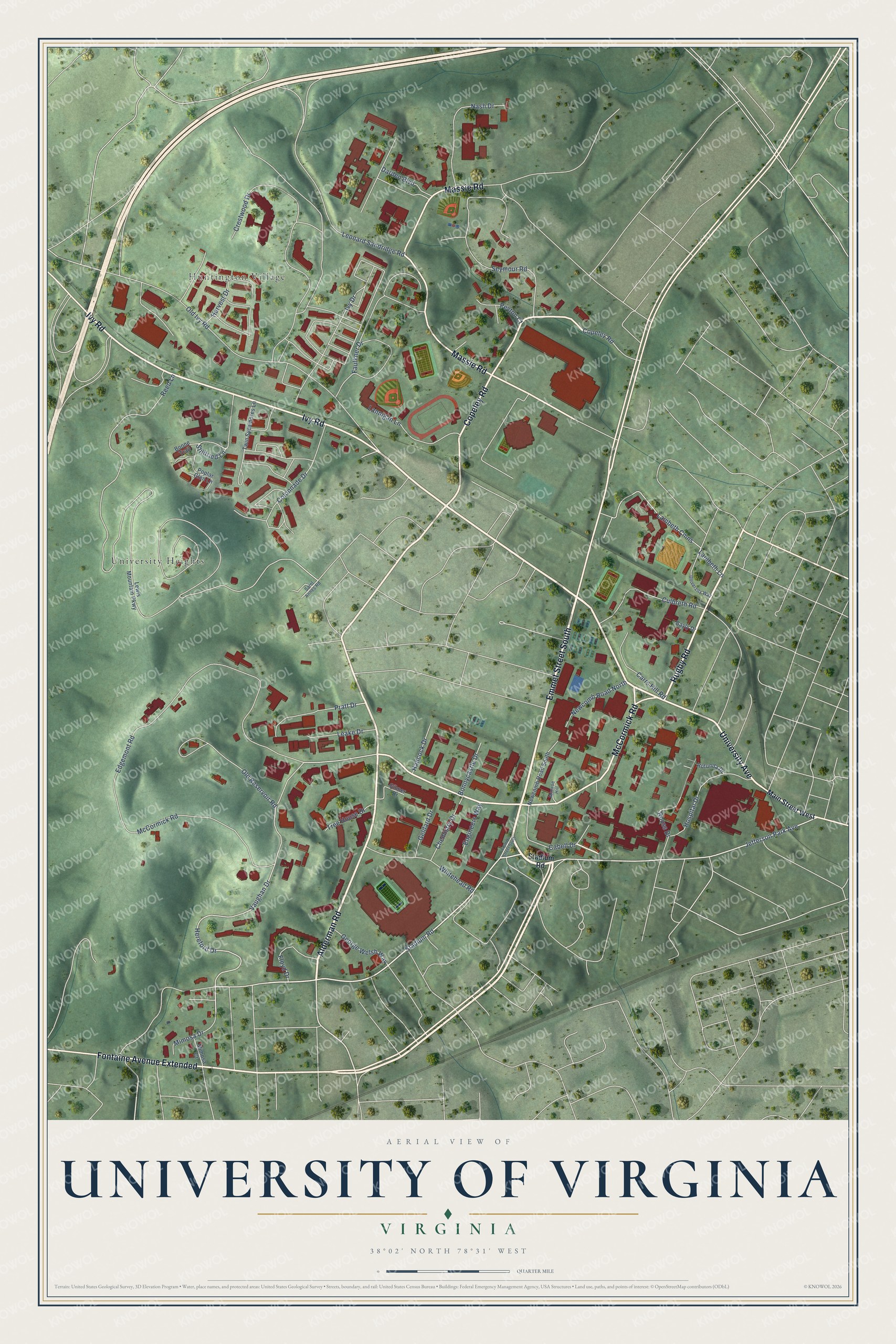 Full map of University of Virginia, Virginia, with red buildings, printed street names and the land around them