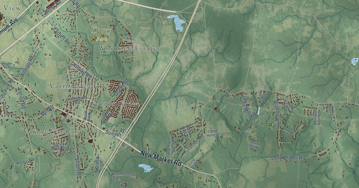 Close-up of streets and buildings in Varina, Virginia