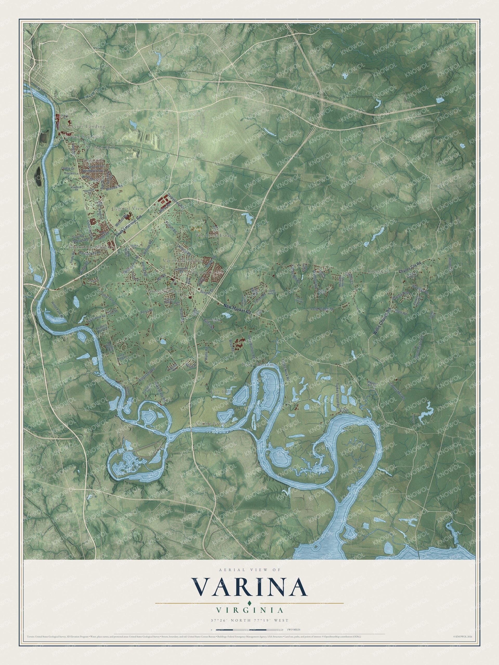 Full map of Varina, Virginia, with red buildings, printed street names and the land around them
