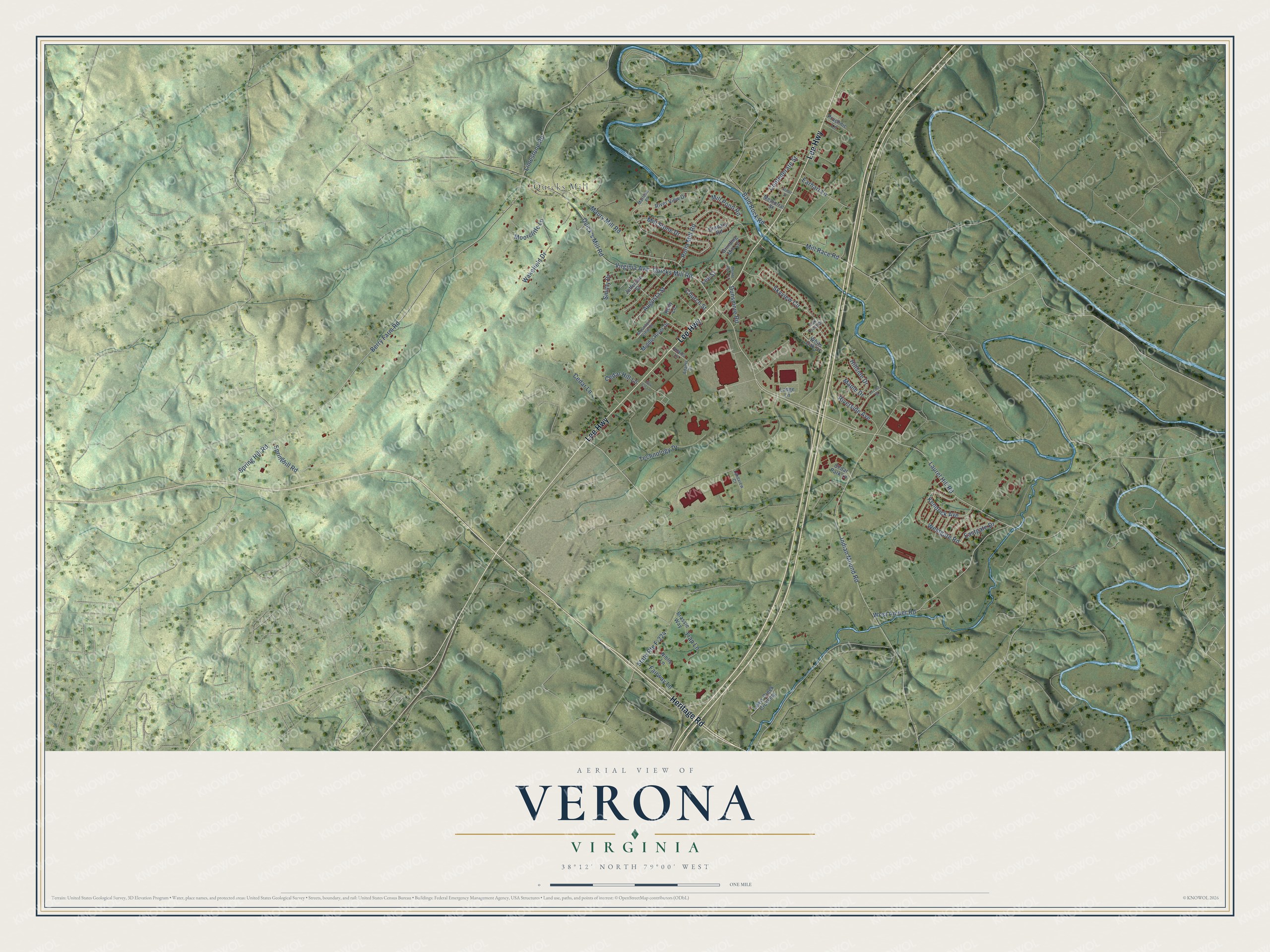 Full map of Verona, Virginia, with red buildings, printed street names and the land around them