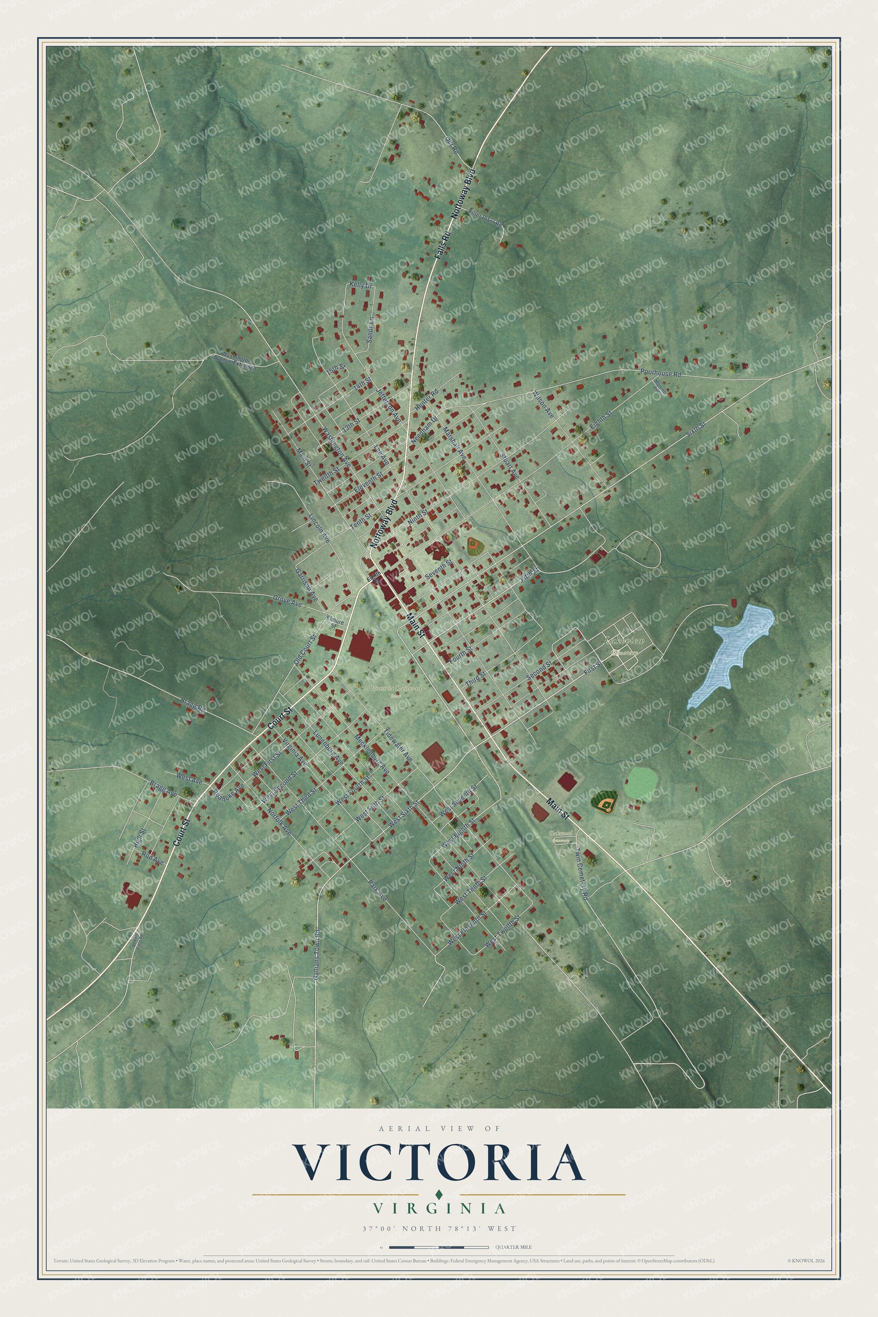 Full map of Victoria, Virginia, with red buildings, printed street names and the land around them
