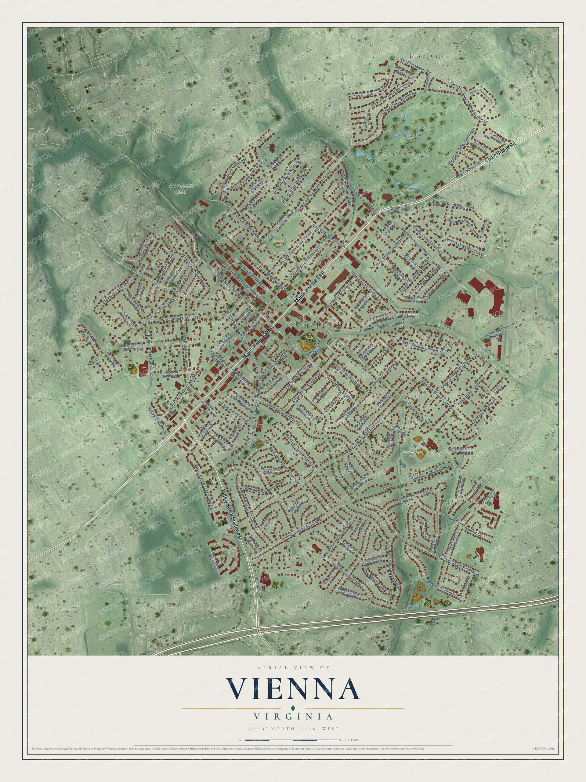 Full map of Vienna, Virginia, with red buildings, printed street names and the land around them