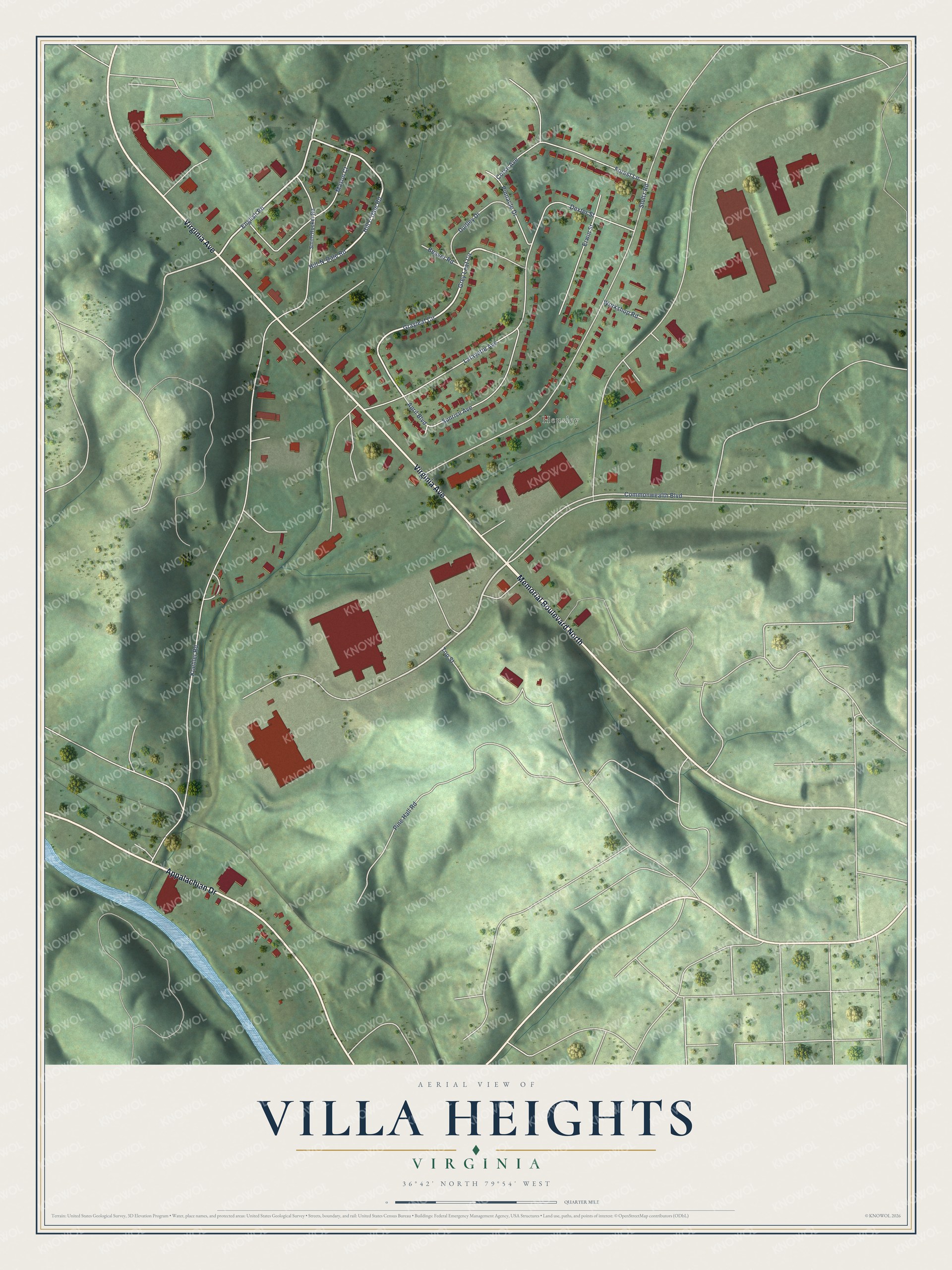 Full map of Villa Heights, Virginia, with red buildings, printed street names and the land around them