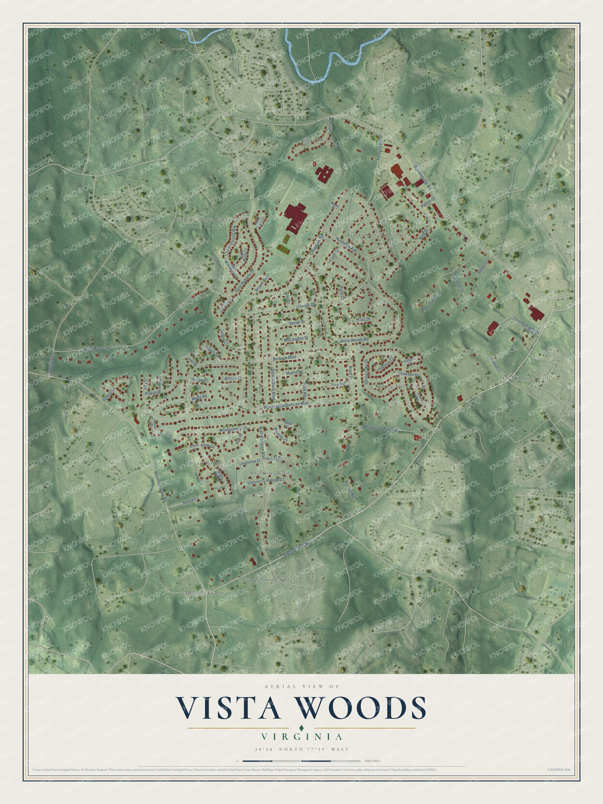 Full map of Vista Woods, Virginia, with red buildings, printed street names and the land around them