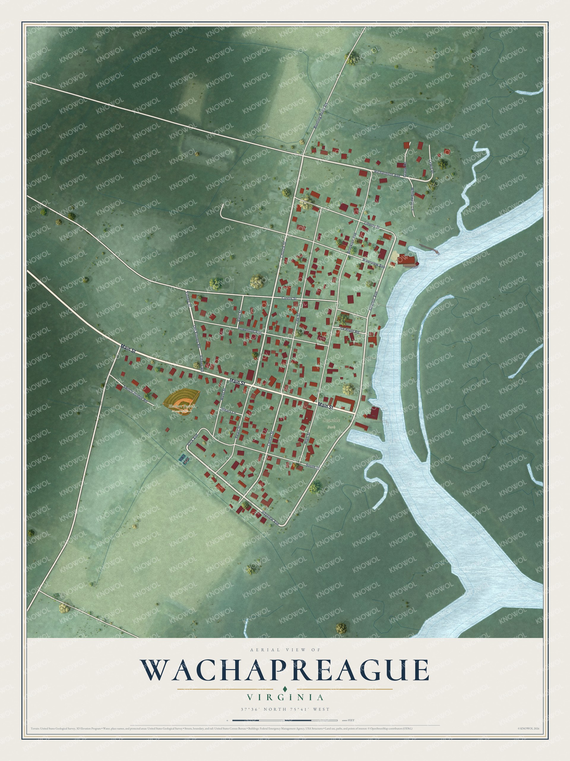 Full map of Wachapreague, Virginia, with red buildings, printed street names and the land around them