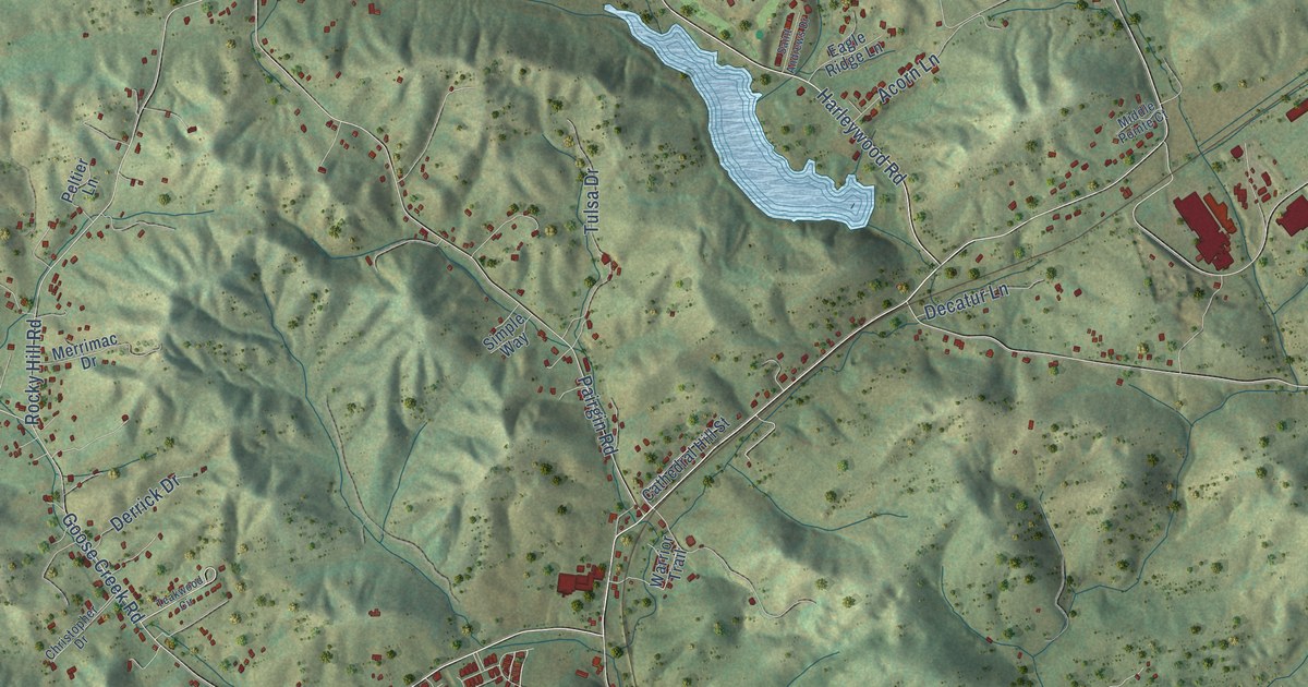 Close-up of streets and buildings in Wallace, Virginia