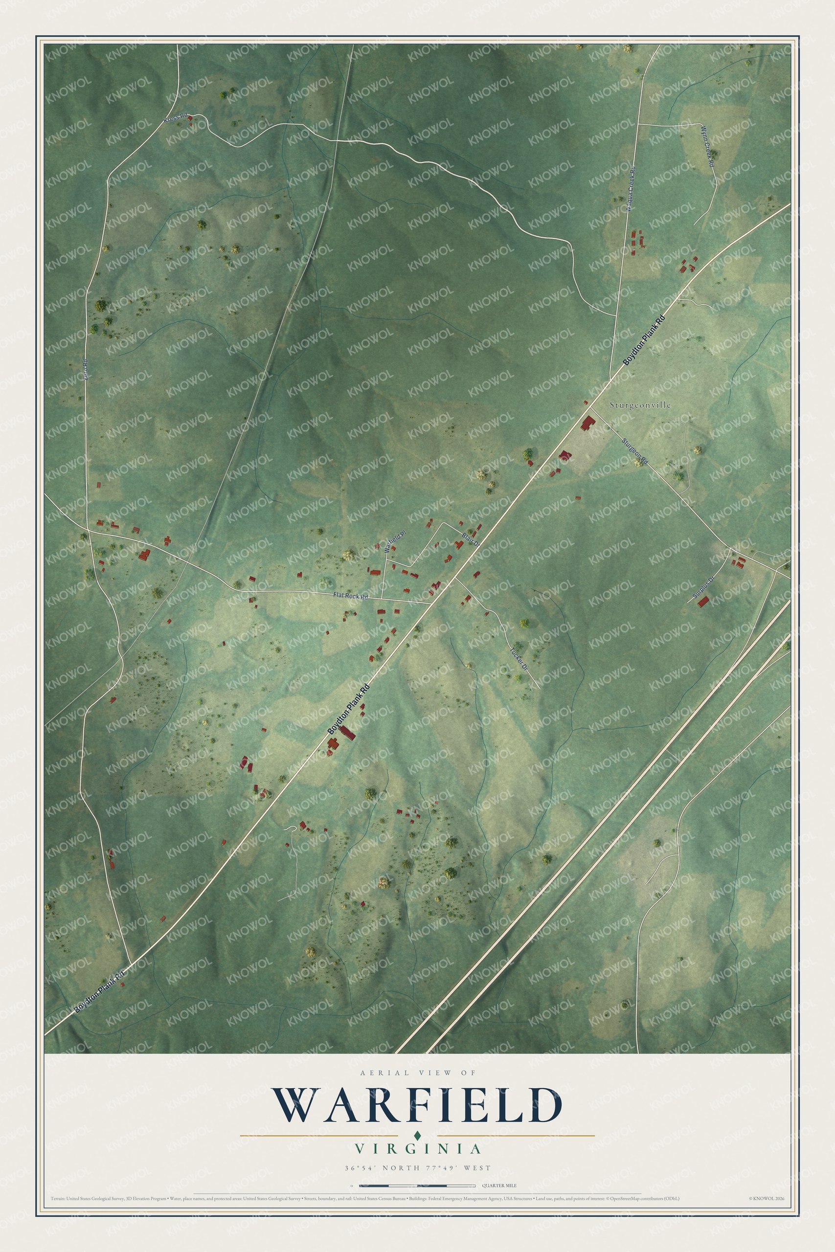 Full map of Warfield, Virginia, with red buildings, printed street names and the land around them