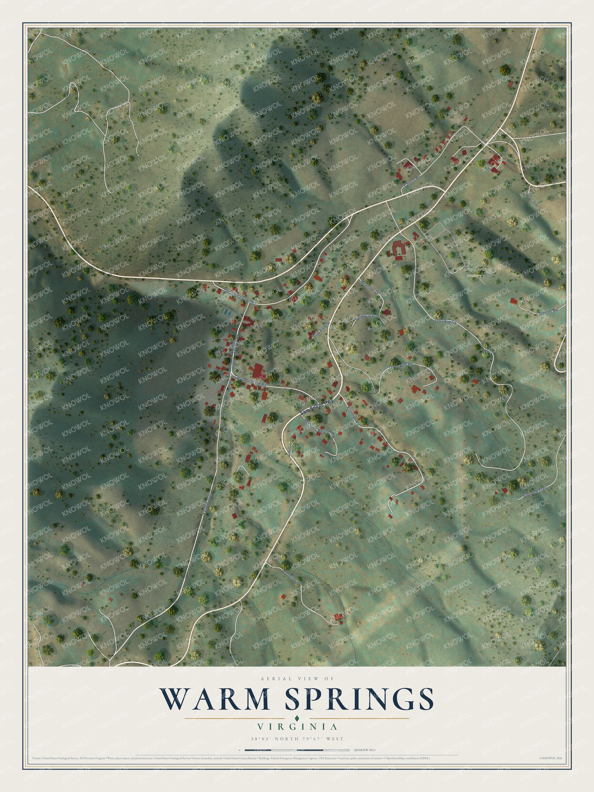 Full map of Warm Springs, Virginia, with red buildings, printed street names and the land around them