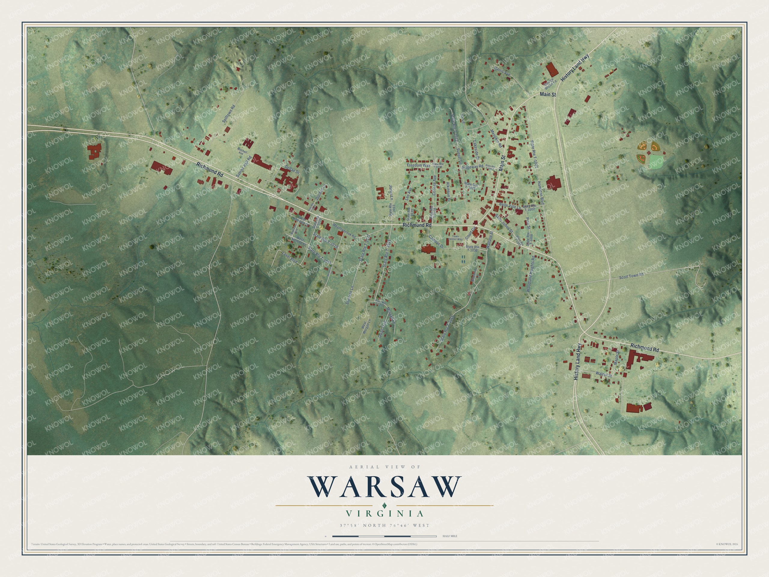 Full map of Warsaw, Virginia, with red buildings, printed street names and the land around them