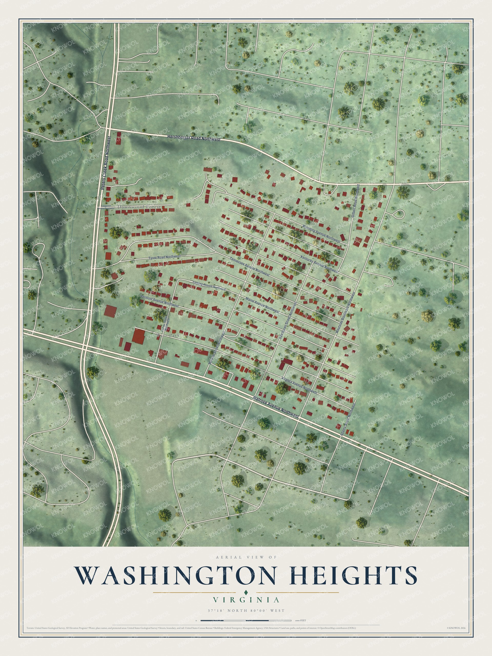Full map of Washington Heights, Virginia, with red buildings, printed street names and the land around them