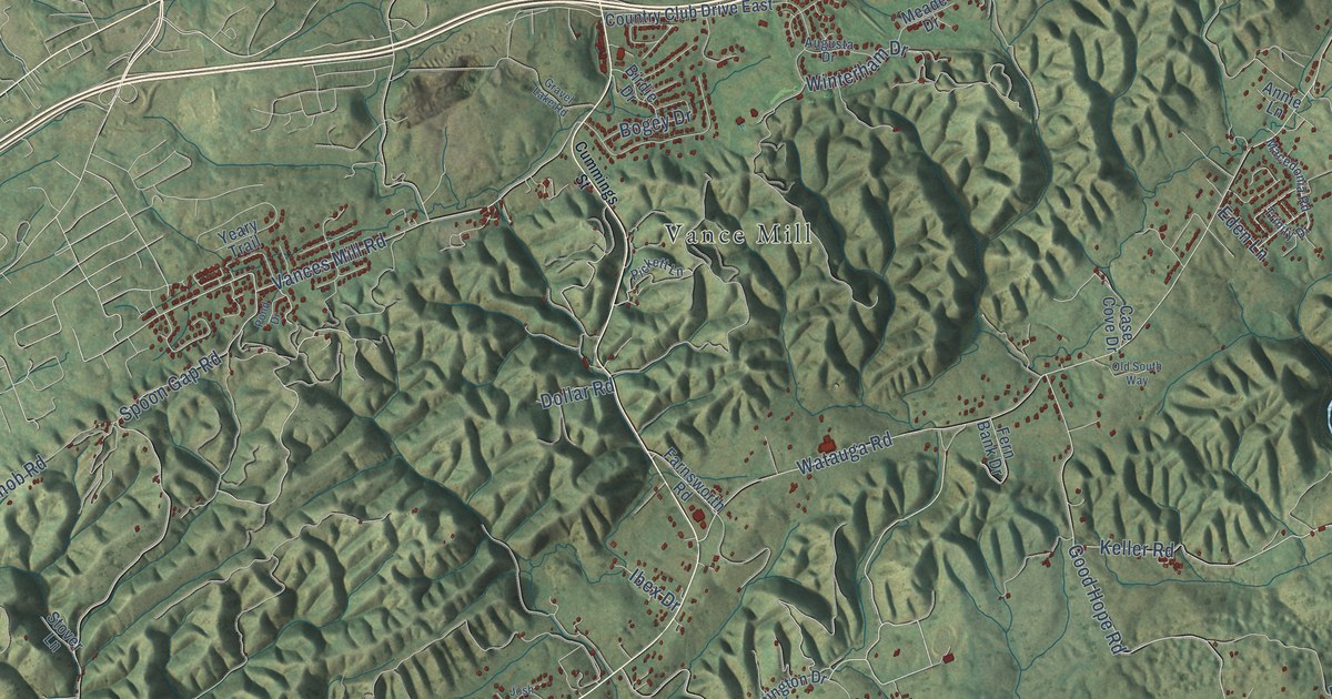 Close-up of streets and buildings in Watauga, Virginia