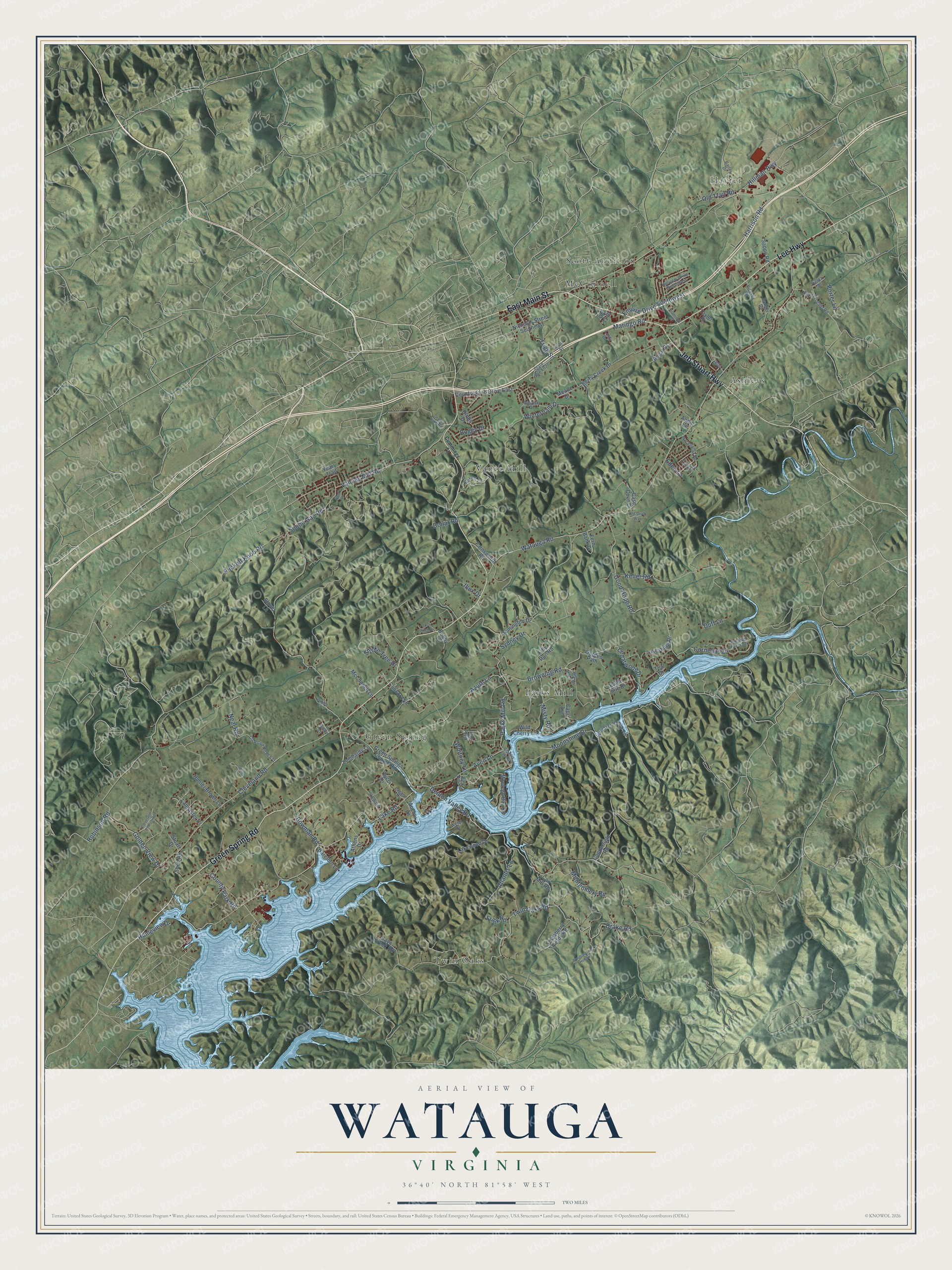 Full map of Watauga, Virginia, with red buildings, printed street names and the land around them