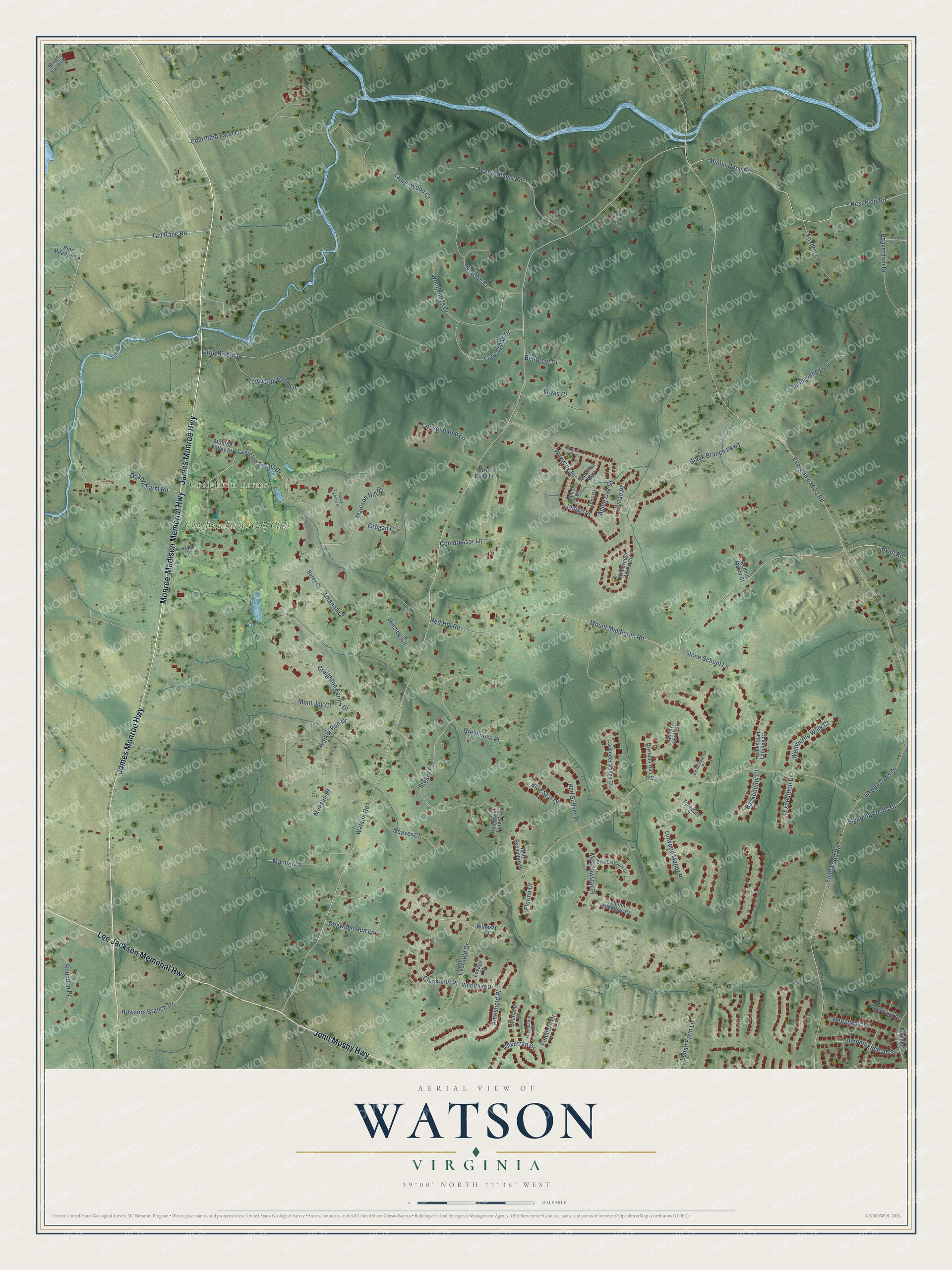 Full map of Watson, Virginia, with red buildings, printed street names and the land around them
