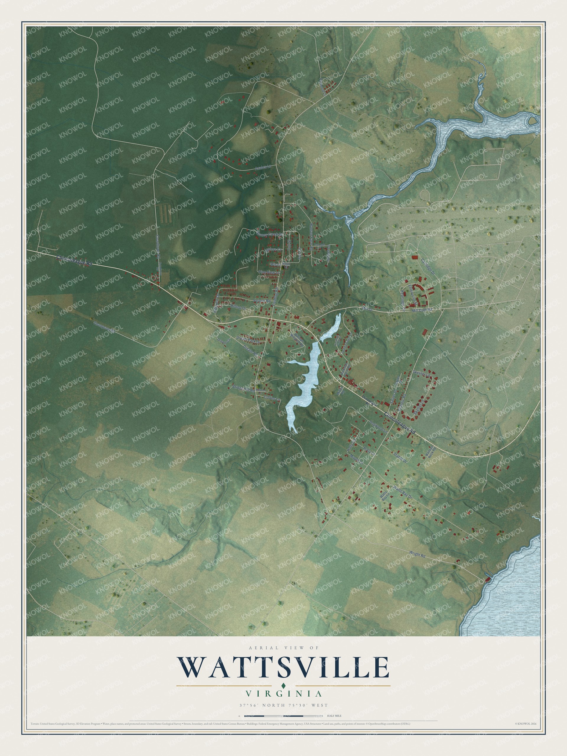 Full map of Wattsville, Virginia, with red buildings, printed street names and the land around them