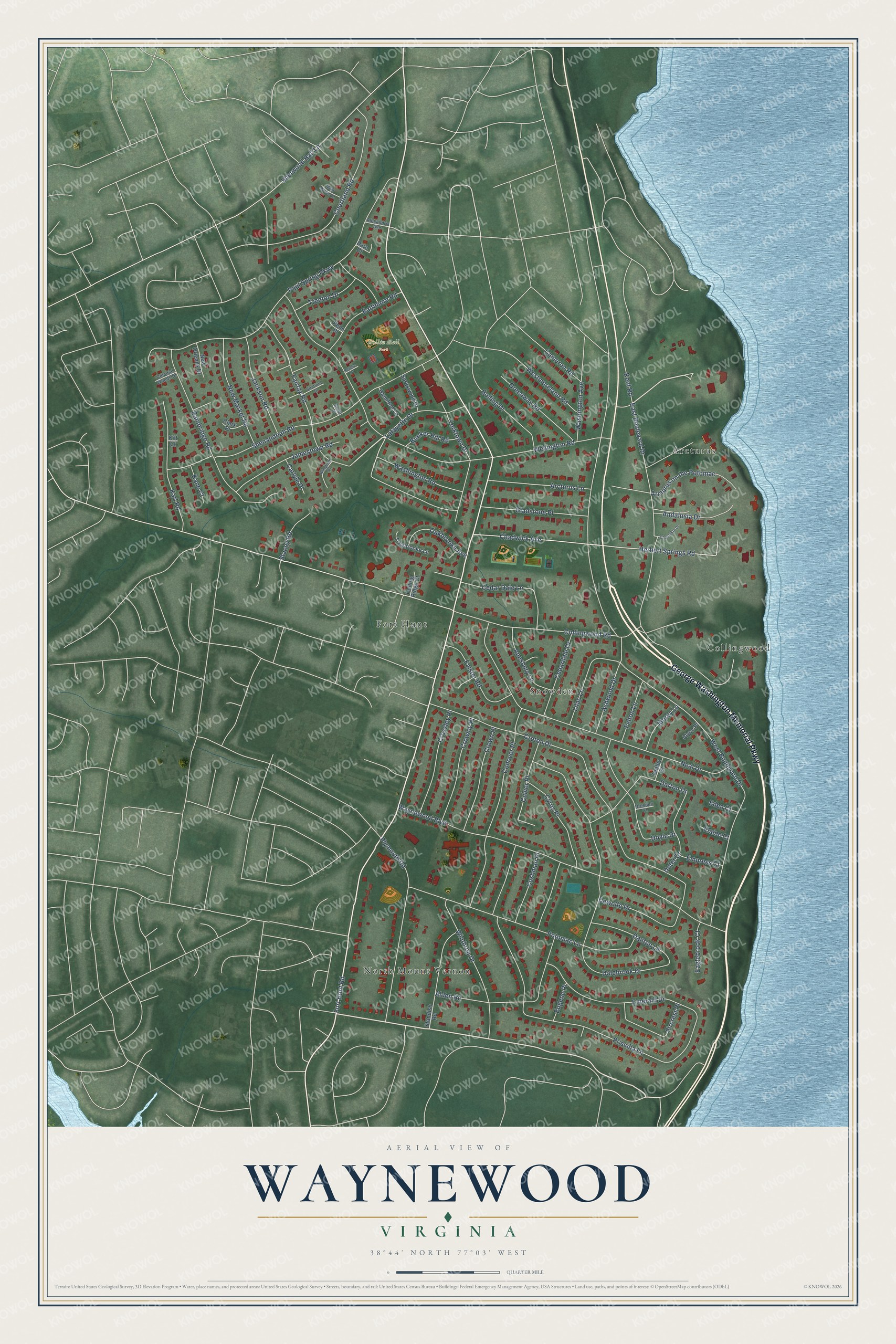 Full map of Waynewood, Virginia, with red buildings, printed street names and the land around them