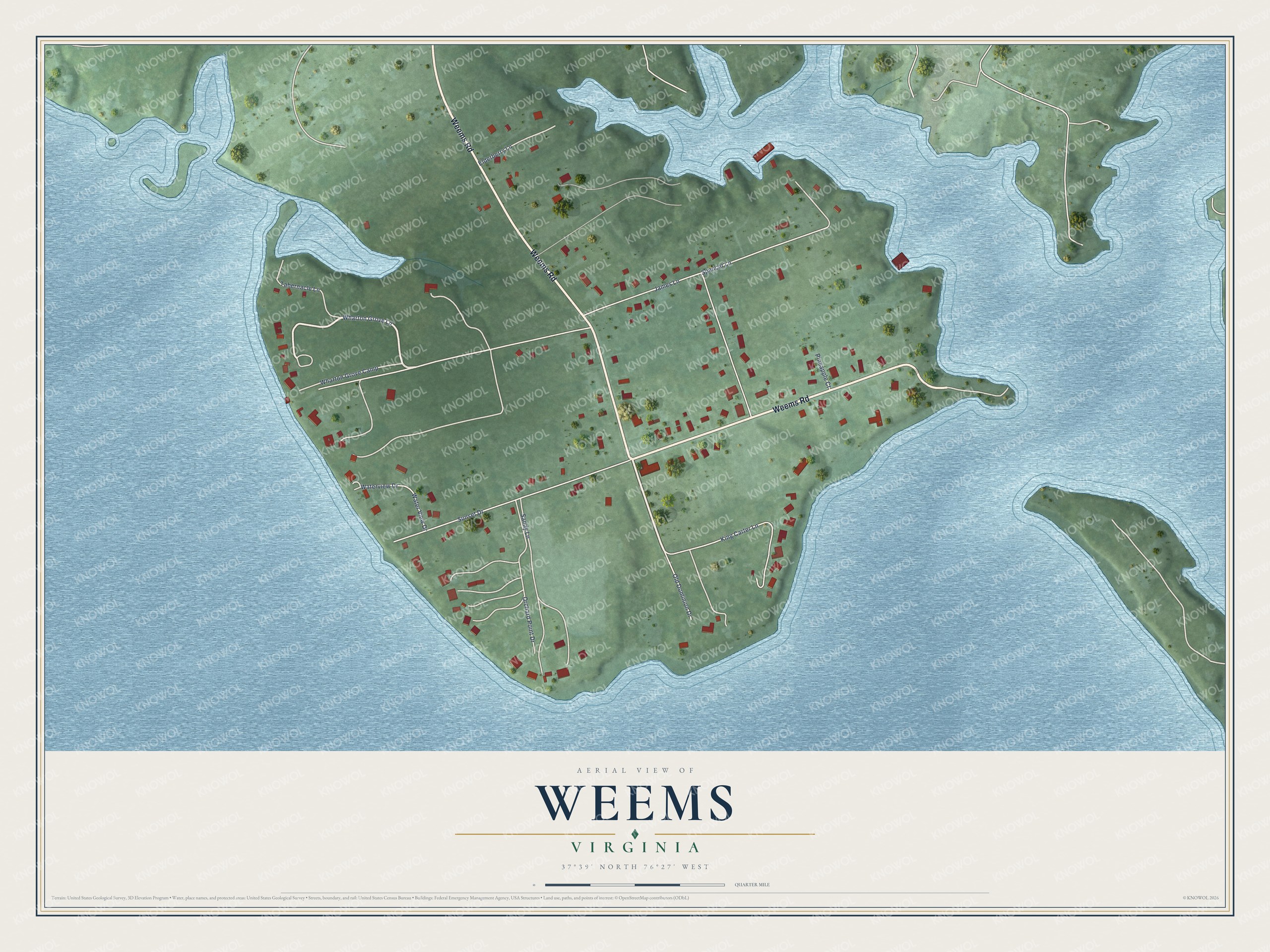 Full map of Weems, Virginia, with red buildings, printed street names and the land around them