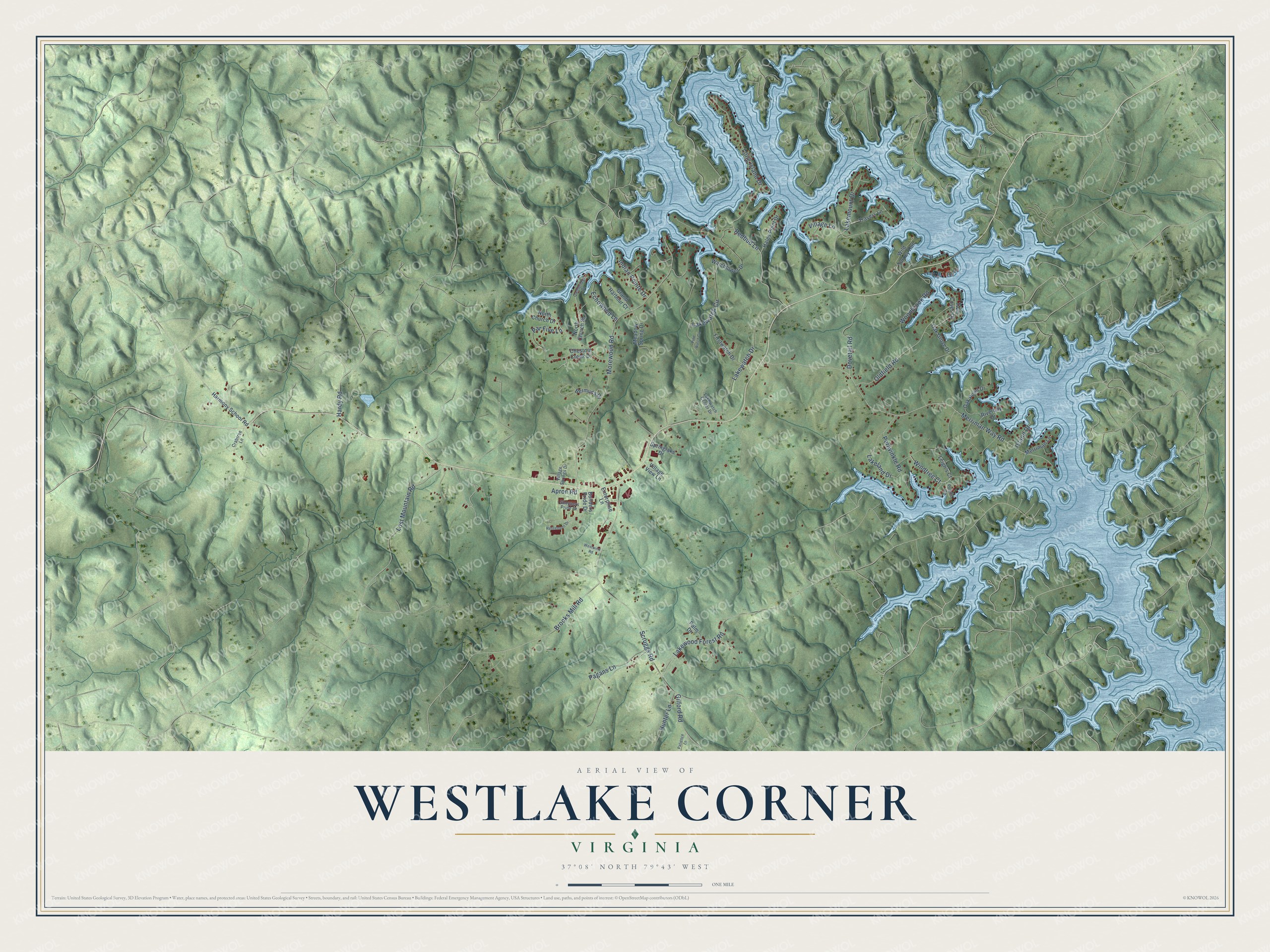 Full map of Westlake Corner, Virginia, with red buildings, printed street names and the land around them