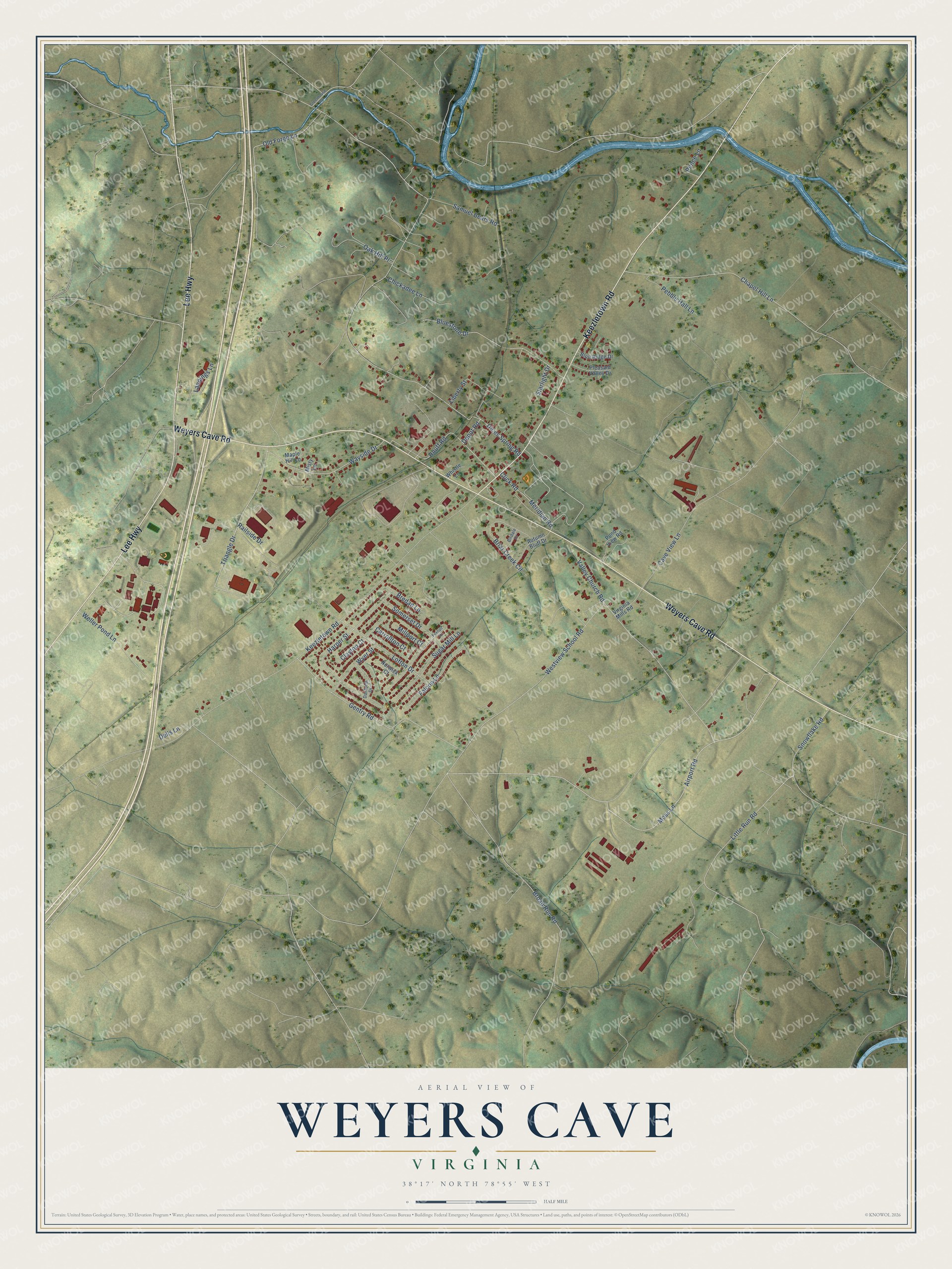 Full map of Weyers Cave, Virginia, with red buildings, printed street names and the land around them