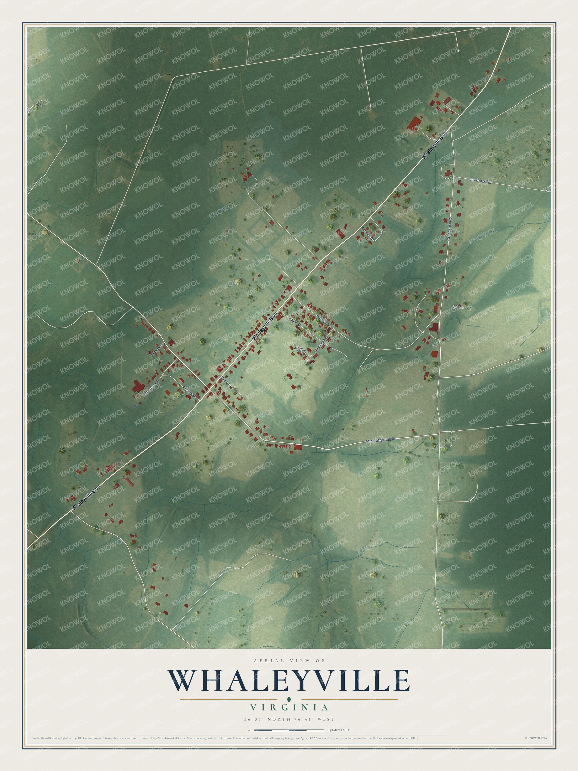 Full map of Whaleyville, Virginia, with red buildings, printed street names and the land around them