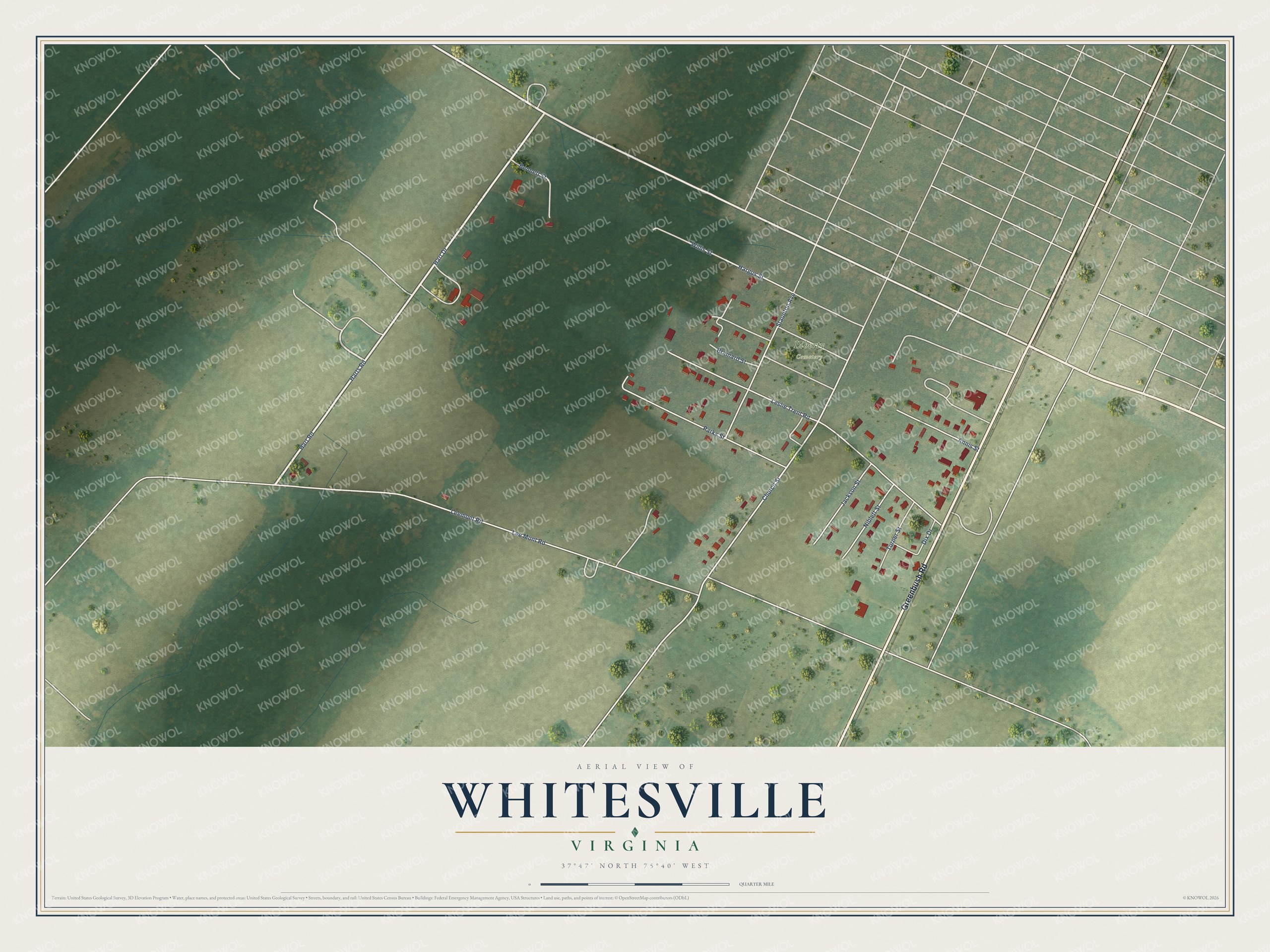 Full map of Whitesville, Virginia, with red buildings, printed street names and the land around them