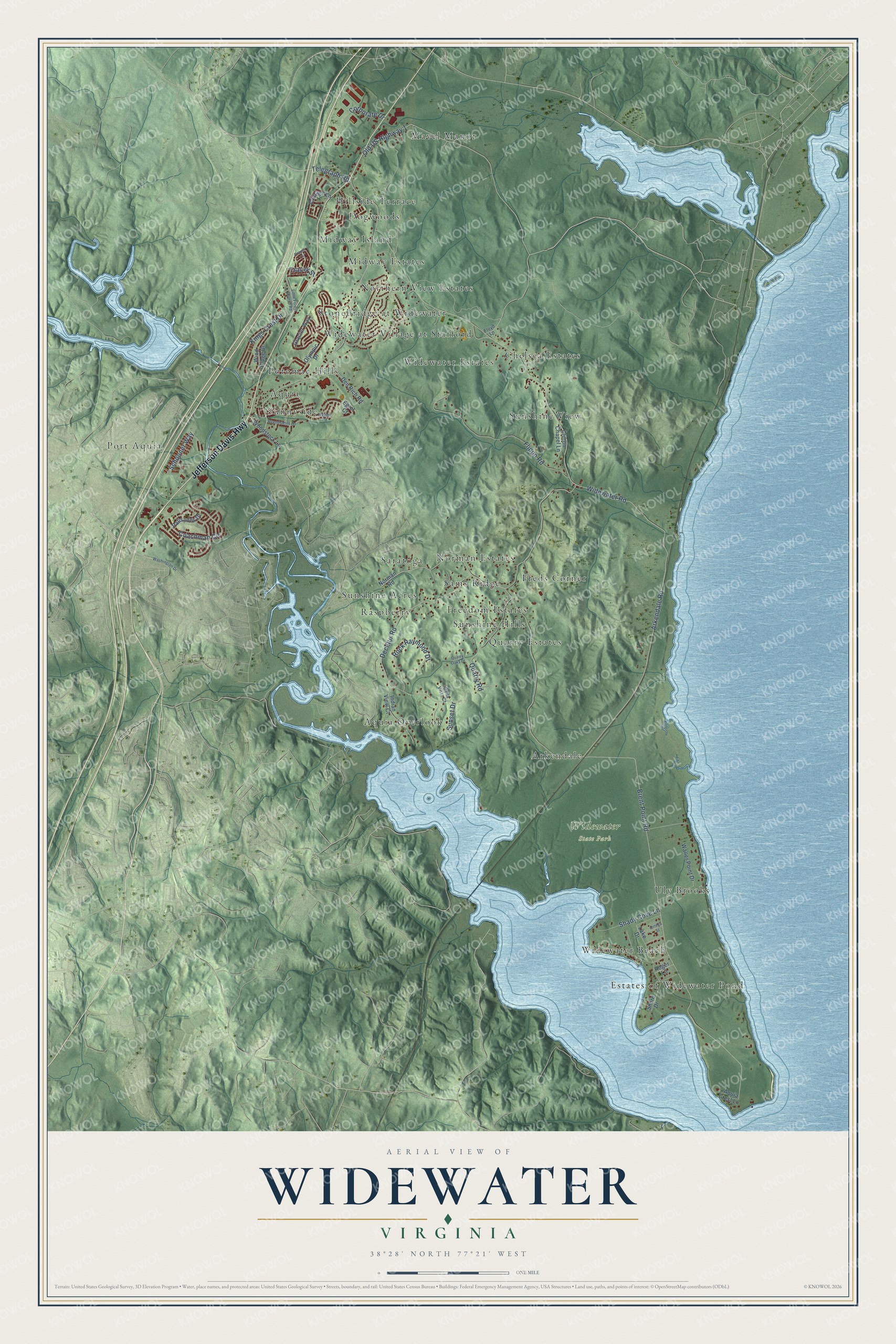 Full map of Widewater, Virginia, with red buildings, printed street names and the land around them