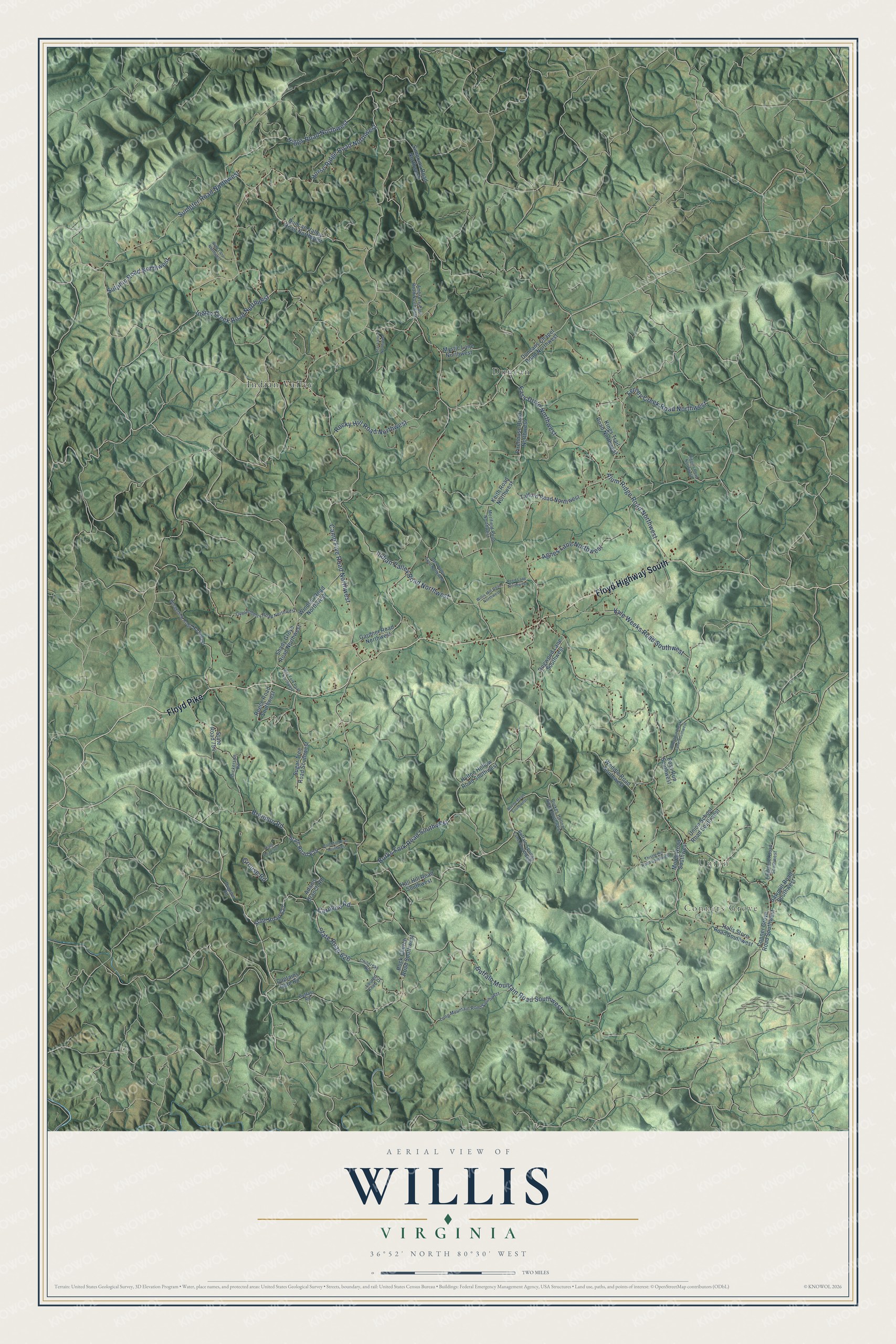 Full map of Willis, Virginia, with red buildings, printed street names and the land around them