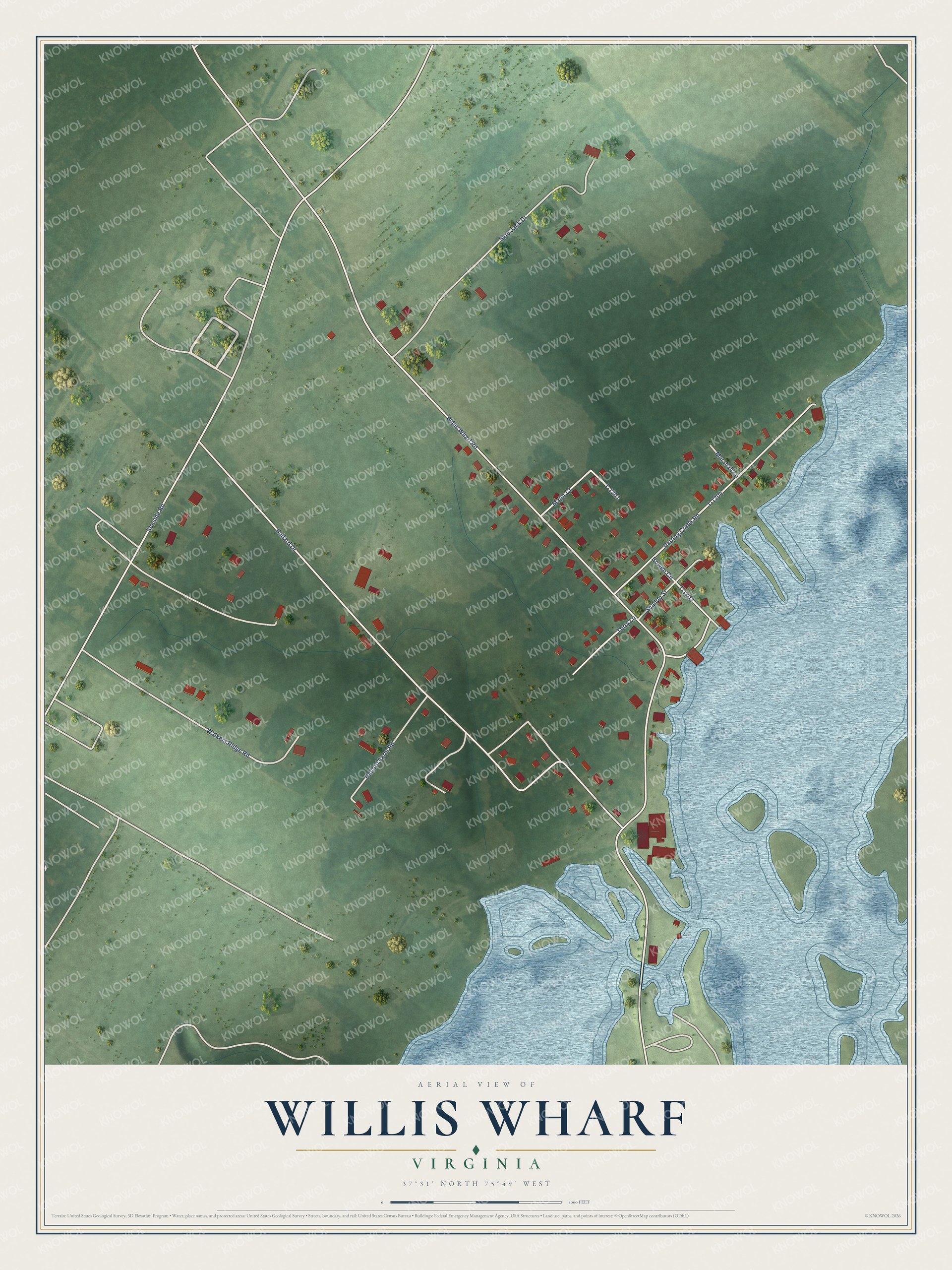 Full map of Willis Wharf, Virginia, with red buildings, printed street names and the land around them