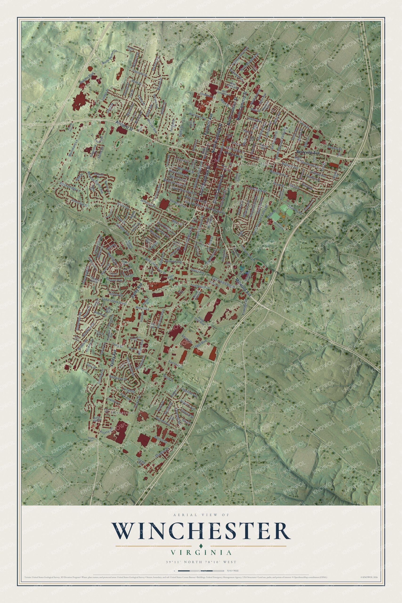 Full map of Winchester, Virginia, with red buildings, printed street names and the land around them