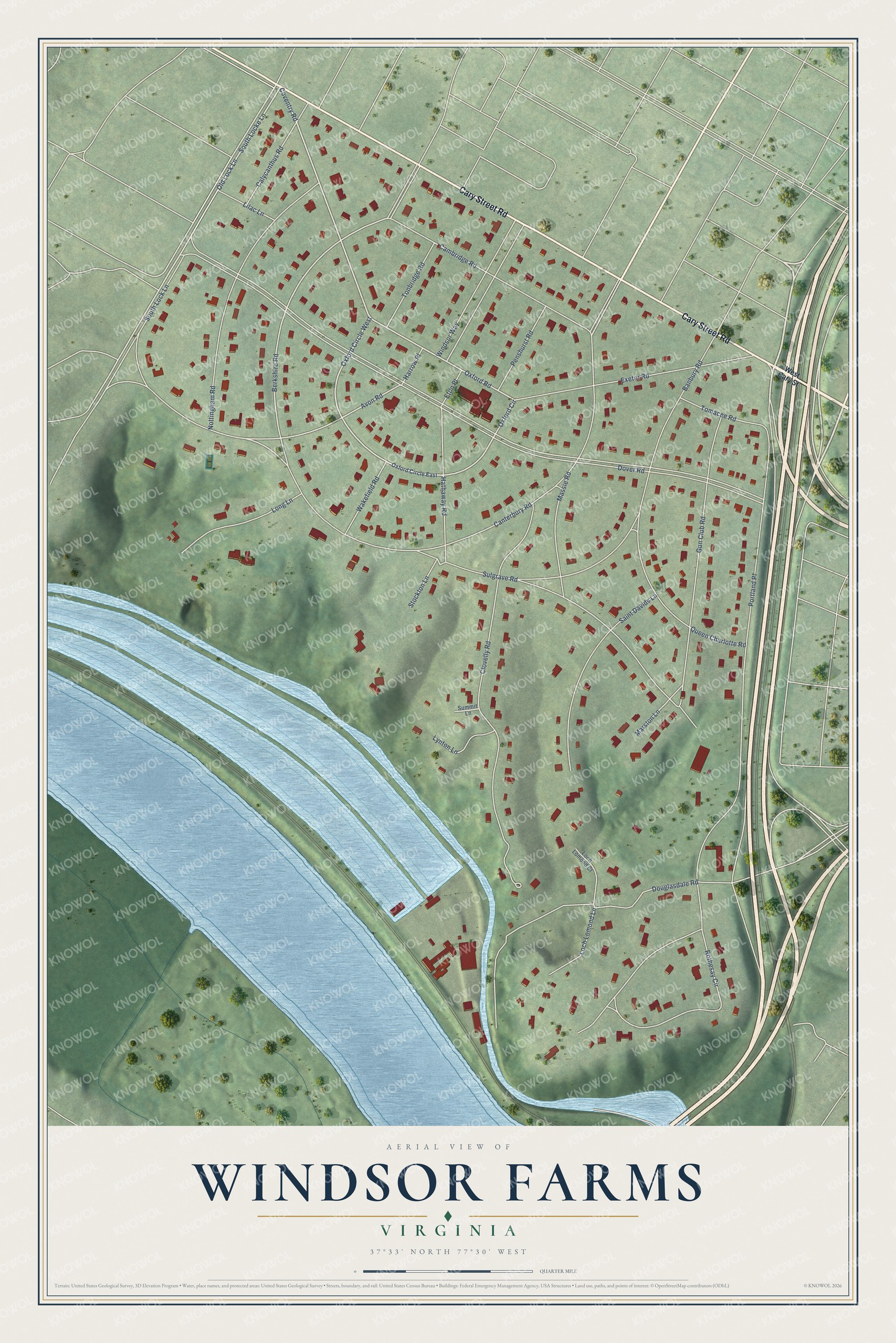Full map of Windsor Farms, Virginia, with red buildings, printed street names and the land around them