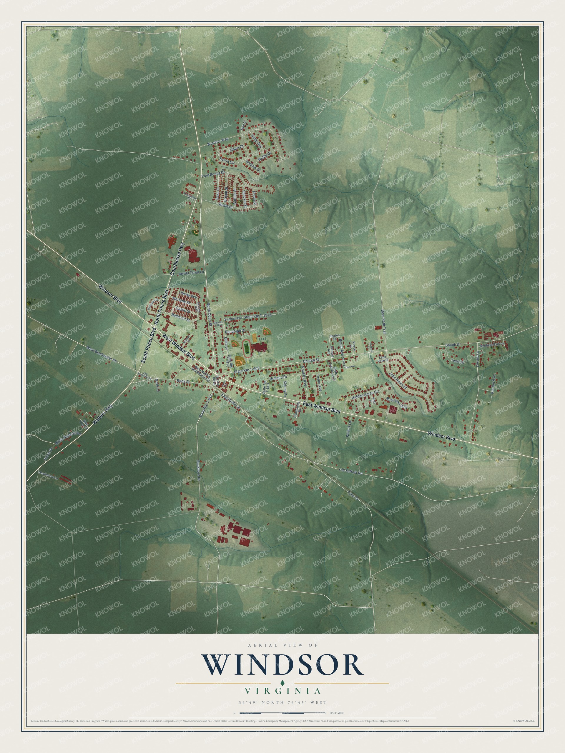 Full map of Windsor, Virginia, with red buildings, printed street names and the land around them