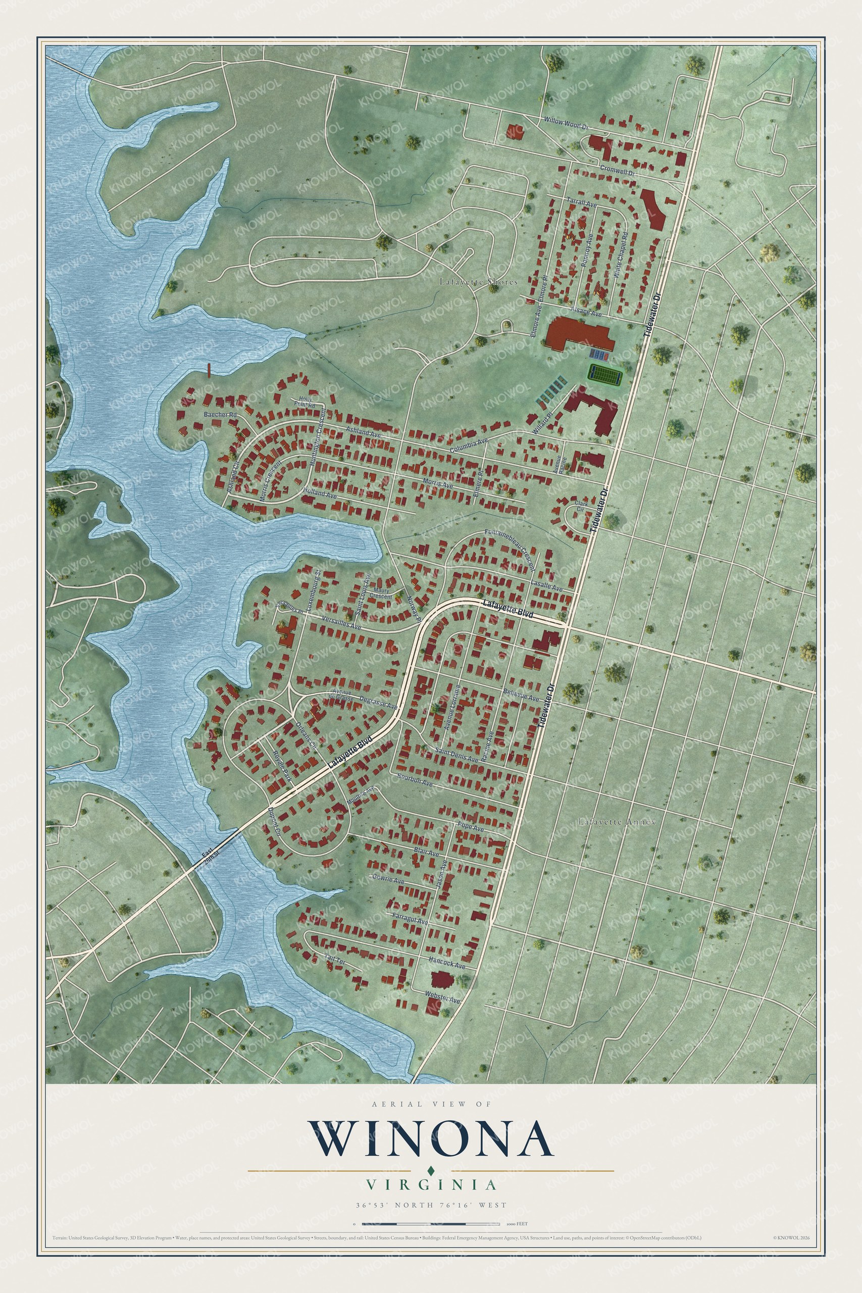 Full map of Winona, Virginia, with red buildings, printed street names and the land around them