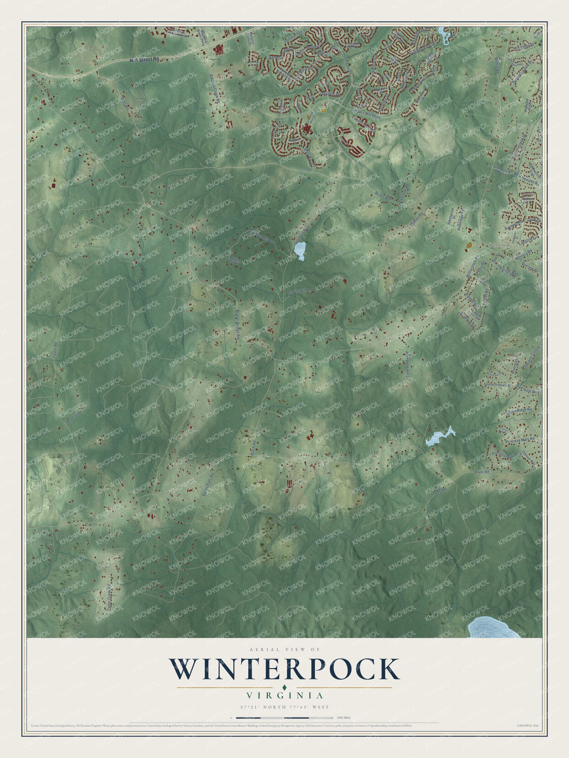 Full map of Winterpock, Virginia, with red buildings, printed street names and the land around them