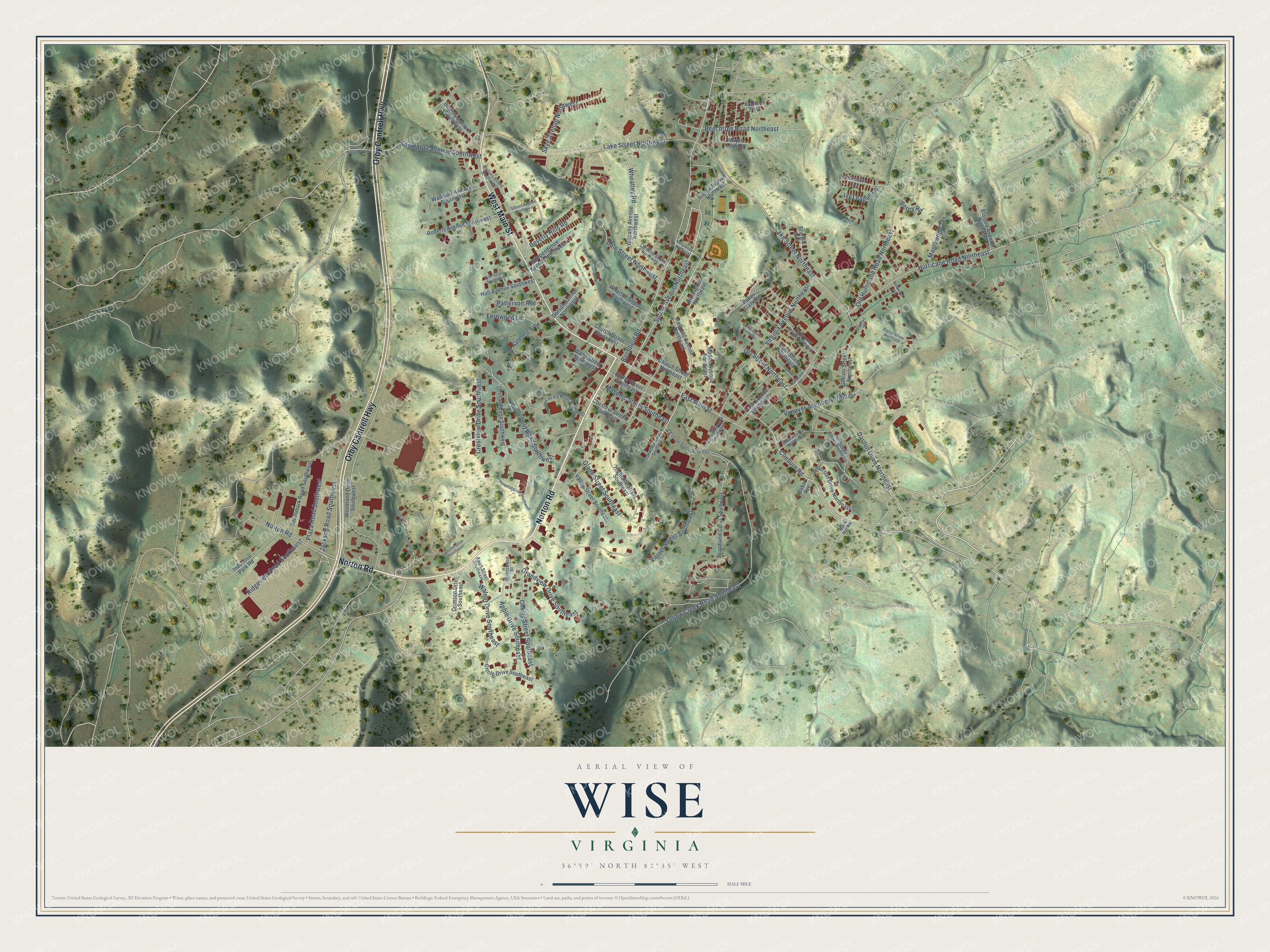 Full map of Wise, Virginia, with red buildings, printed street names and the land around them
