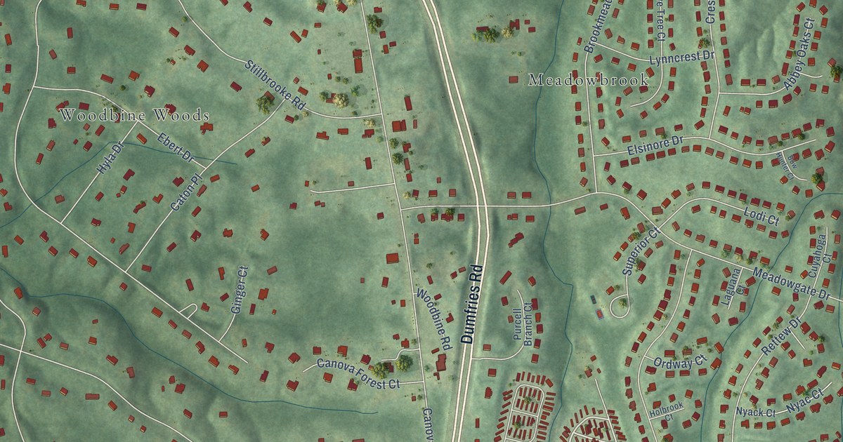 Close-up of streets and buildings in Woodbine, Virginia