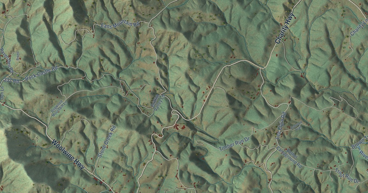 Close-up of streets and buildings in Woolwine, Virginia