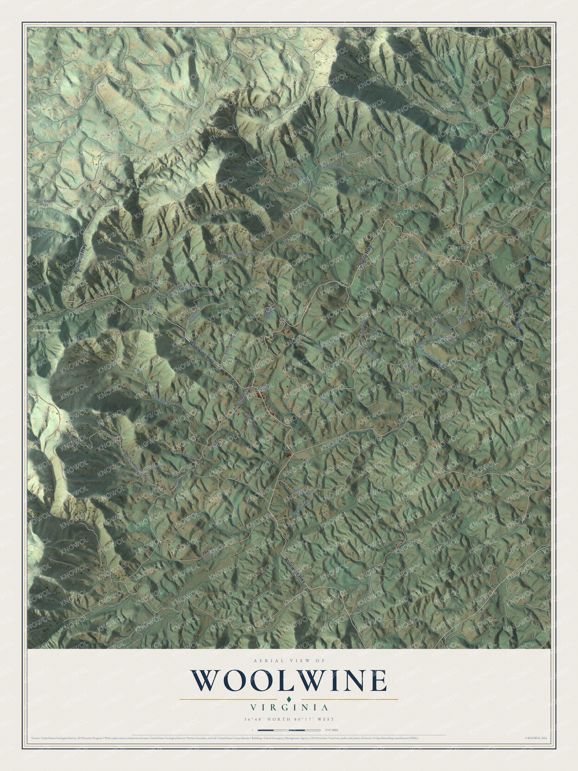 Full map of Woolwine, Virginia, with red buildings, printed street names and the land around them